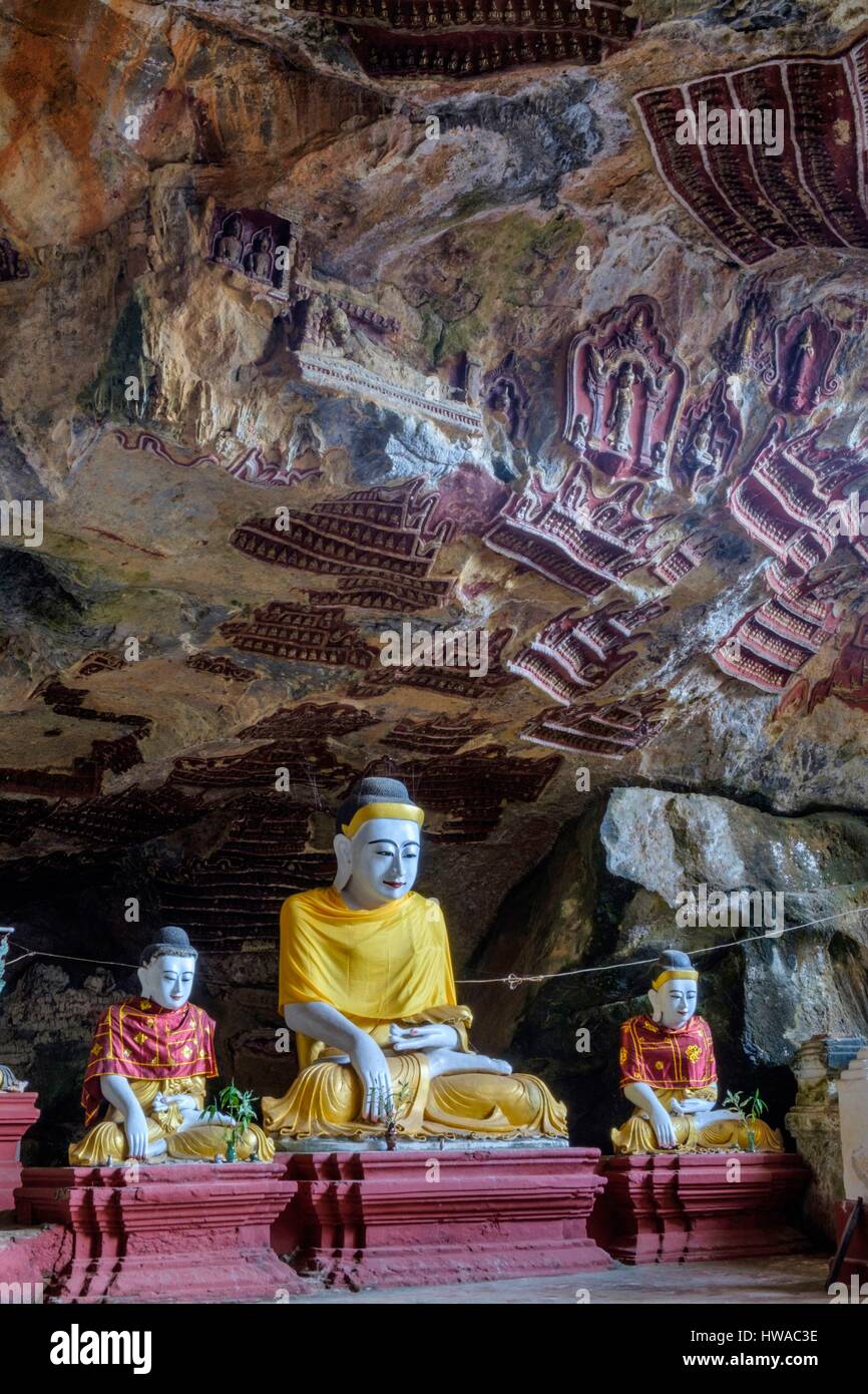 Myanmar, Burma, Karen state, Hpa An, Kaw Gon or Kaw Goon cave, dated 7 th. century Stock Photo