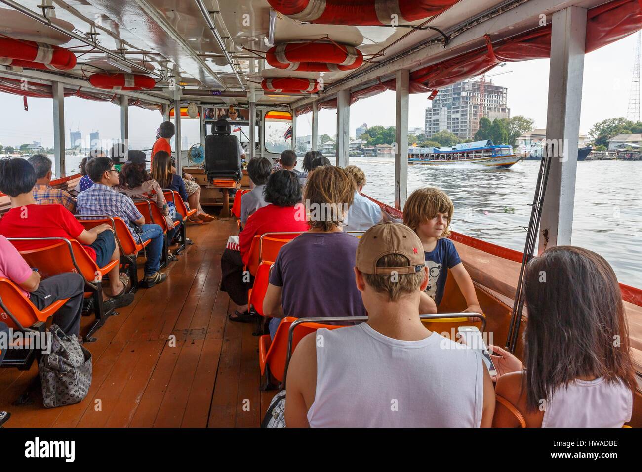 Thailand, Bangkok province, Bangkok, inside a Chao Phraya express boat on the Chao Phraya river Stock Photo