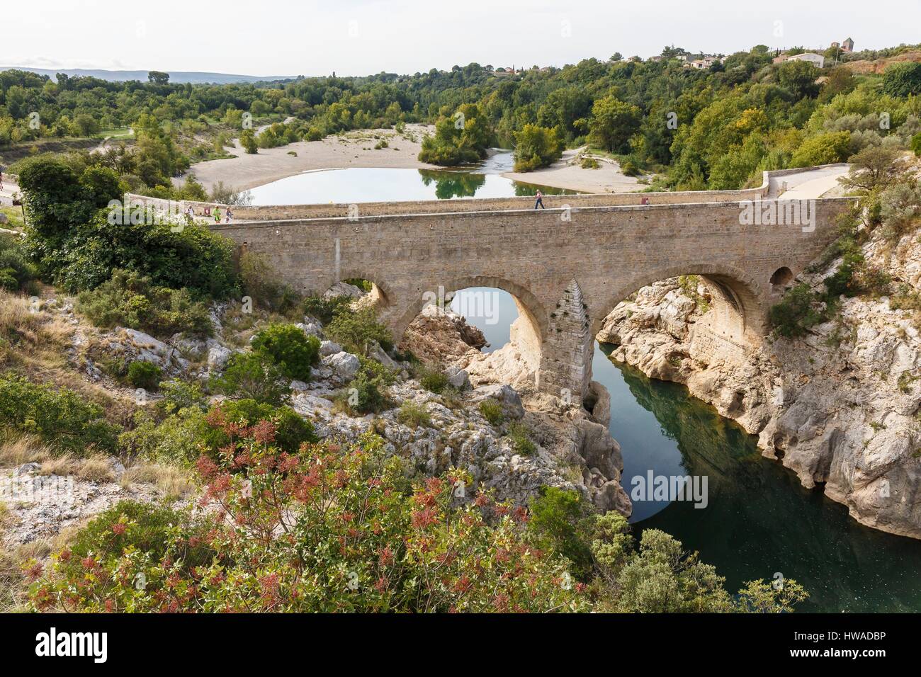 France, Herault, Saint Jean de Fos, the Pont du Diable over the Herault river on the Routes of Santiago de Compostela, listed as World Heritage by UNE Stock Photo