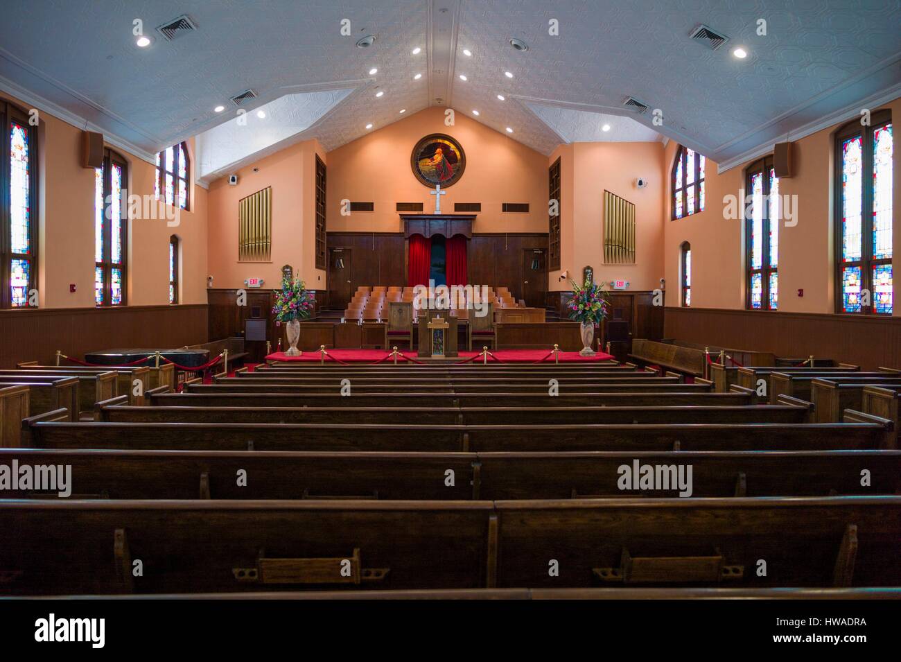 United States, Georgia, Atlanta, Martin Luther King National Historic Site, Ebenezer Baptist Church, where Rev. Martin Luther King was preacher, inter Stock Photo