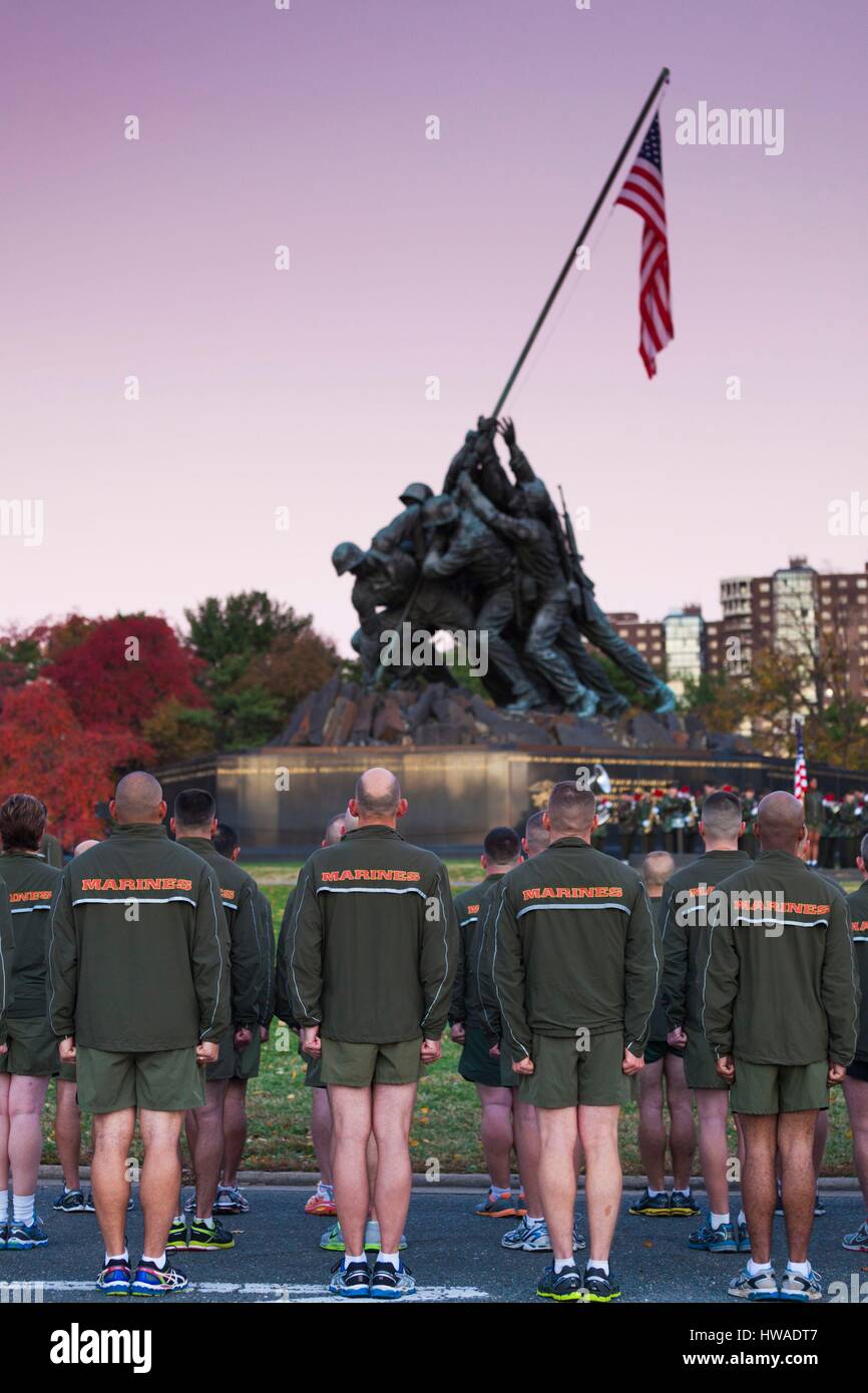 United States, Virginia, Arlington, US Marines in running gear by the Iwo Jima Memorial Stock Photo