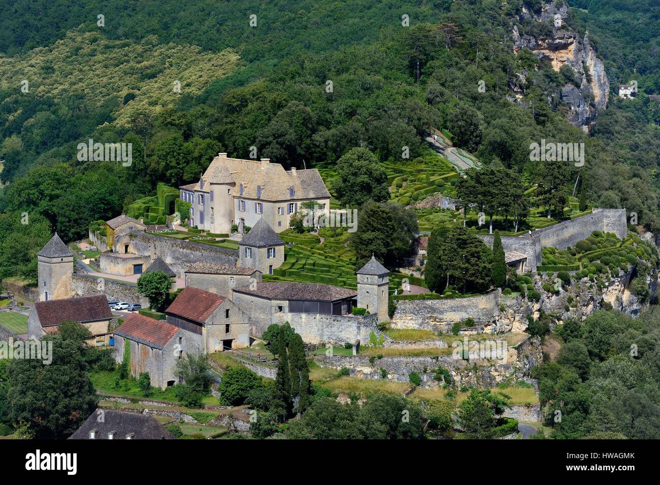 France, Dordogne, Perigord Noir, Dordogne Valley, Vezac, Les Jardins du château de Marqueyssac of the 18th century, park and castle (aerial view) Stock Photo