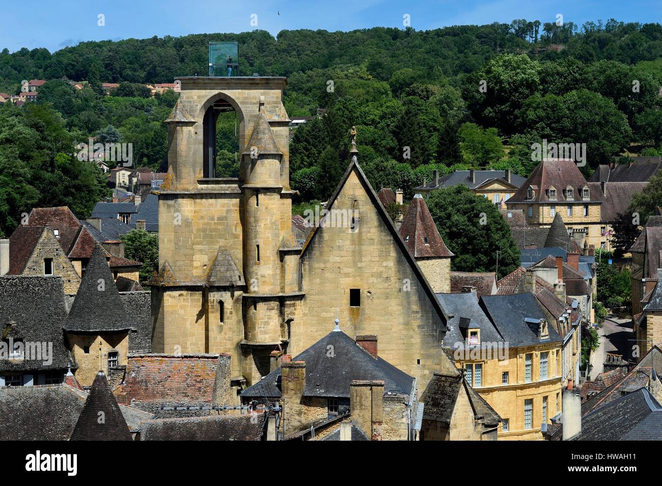 France, Dordogne, Perigord Noir, Dordogne valley, Sarlat la Caneda, place de la Liberté, elevator in the bell tower of St. Mary's Church converted int Stock Photo