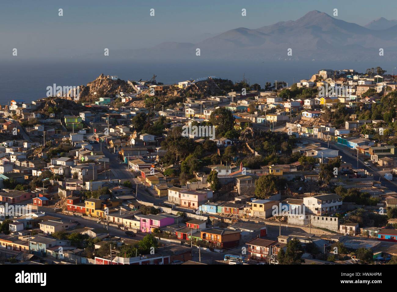 Chile, Coquimbo, elevated city view from the Cruz del III Milenio cross, dusk Stock Photo