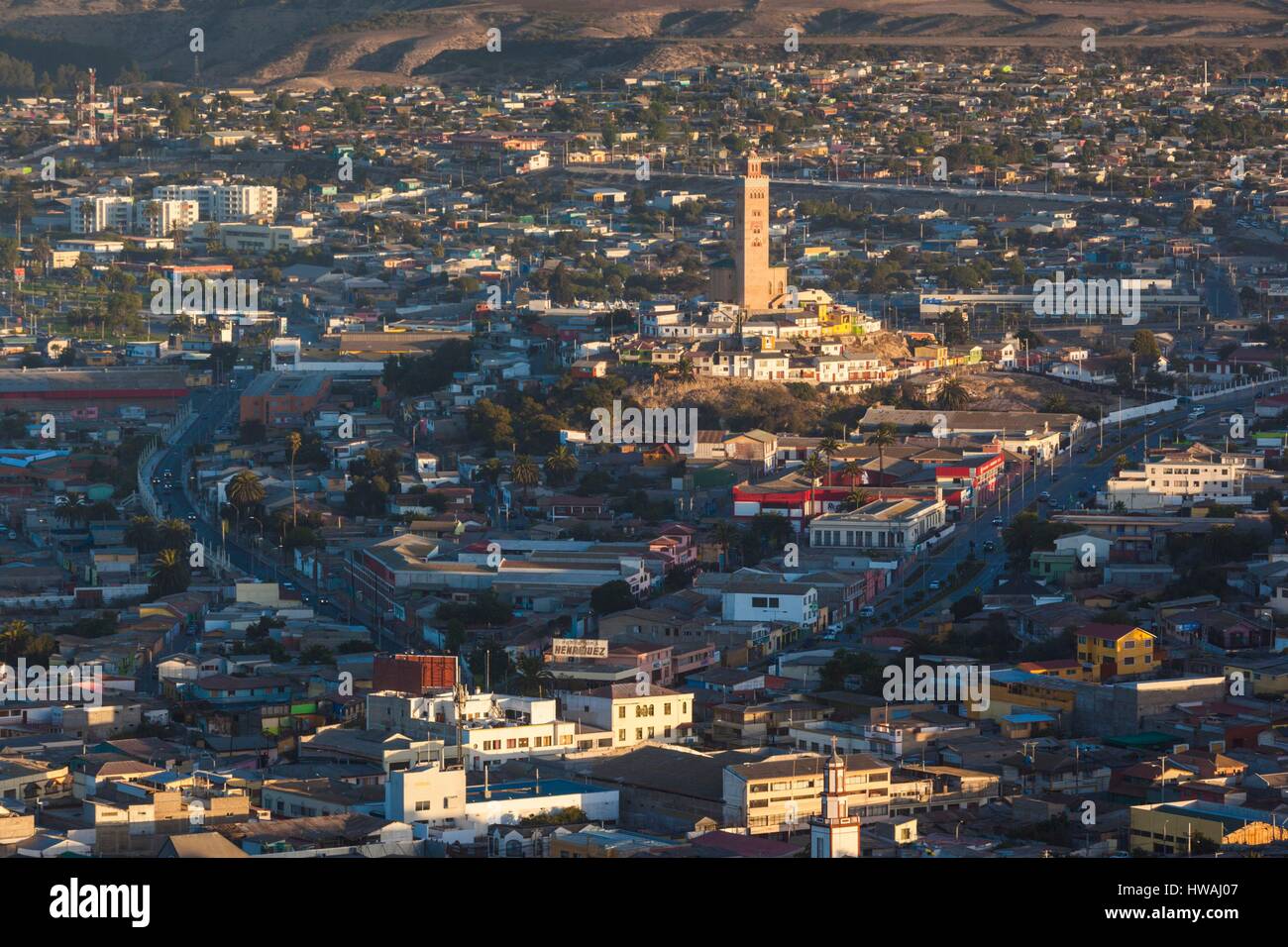 Chile, Coquimbo, elevated city view with Mohammed VI Cultural Center from the Cruz del III Milenio cross, sunset Stock Photo