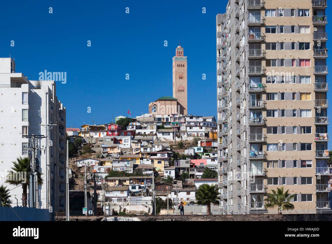 Chile, Coquimbo, elevated city view with Mohammed VI Cultural Center and highrise building Stock Photo