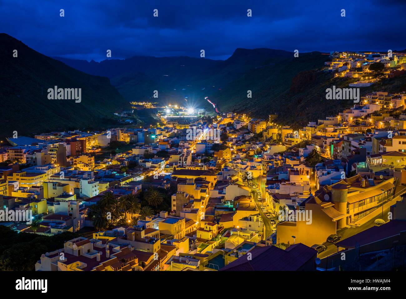 Spain, Canary Islands, La Gomera, San Sebastian de la Gomera, elevated town view, dusk Stock Photo