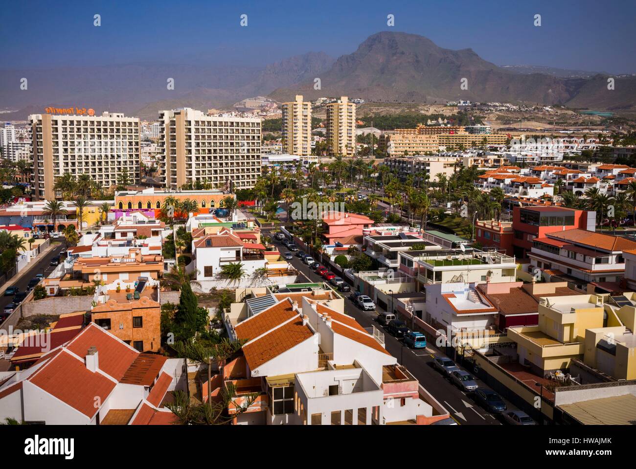 Spain, Canary Islands, Tenerife, Playa de Las Americas, elevated view above Playa de Troya beach Stock Photo