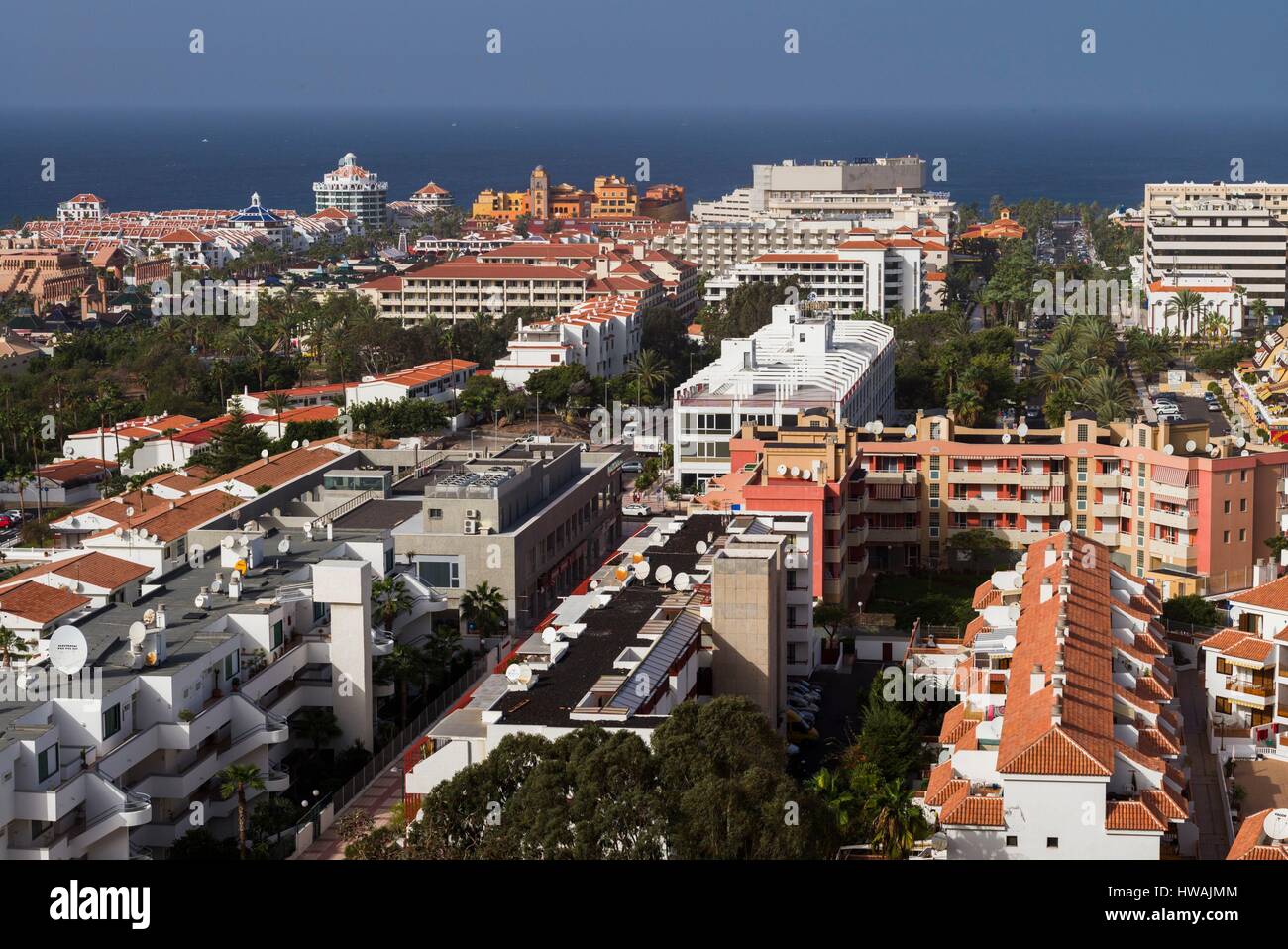 Spain, Canary Islands, Tenerife, Playa de Las Americas, elevated view from Los Cristianos Stock Photo