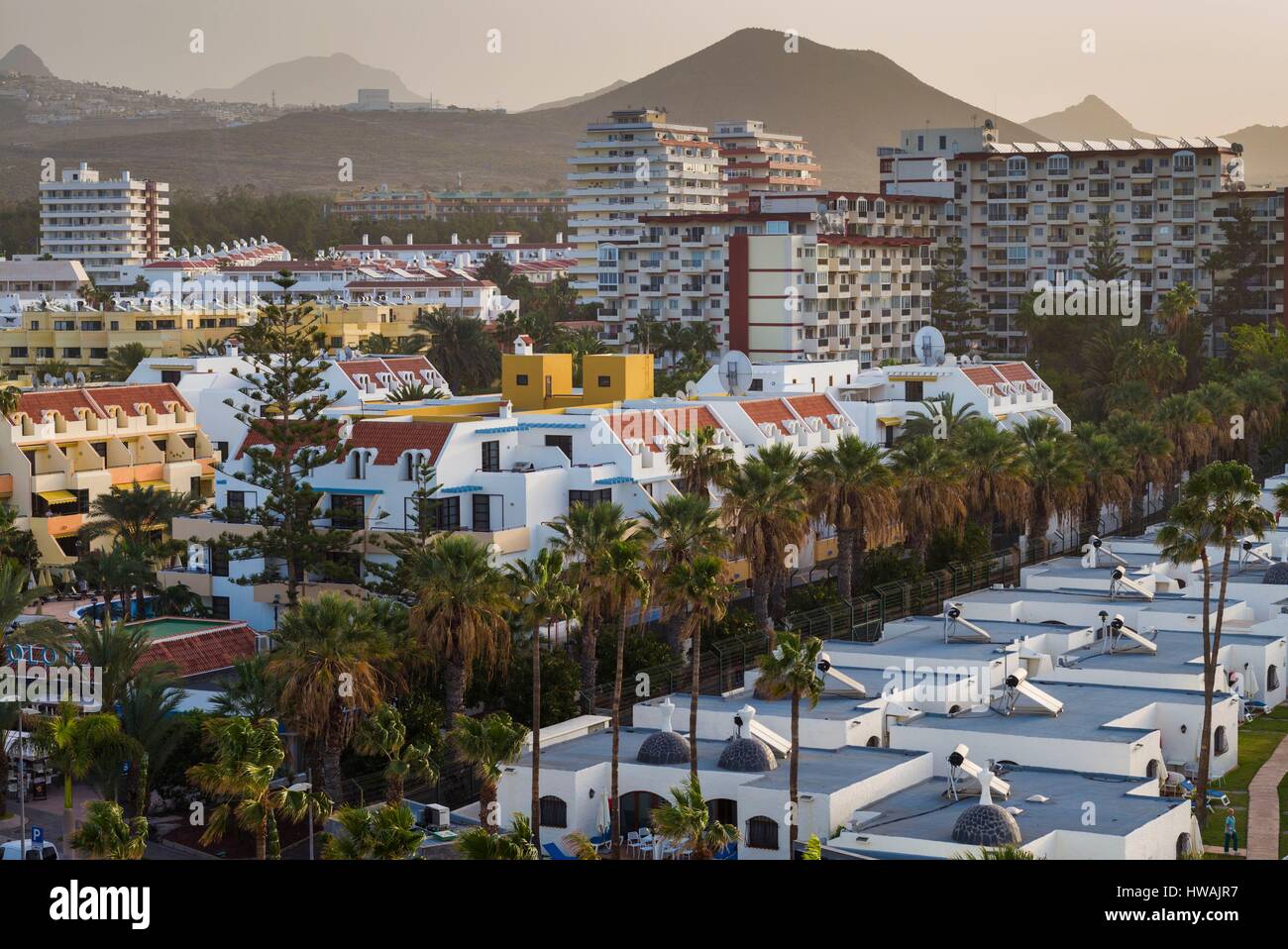 Spain, Canary Islands, Tenerife, Playa de Las Americas, elevated resort view, Playa de Troya beach Stock Photo