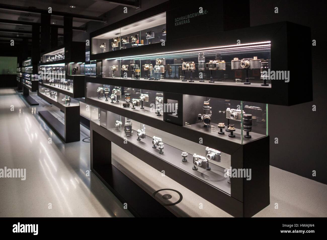 Germany, Hesse, Wetzlar, Headquarters of the Leica Camera Company, opened in 2014, display of historic Leica cameras Stock Photo