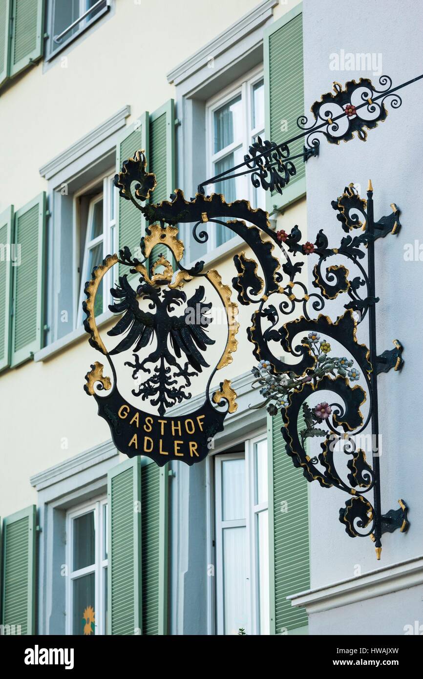 Germany, Baden-Wurttemburg, Black Forest, Bad Sackingen, Munsterplatz square, sign for the Gasthof Adler Stock Photo