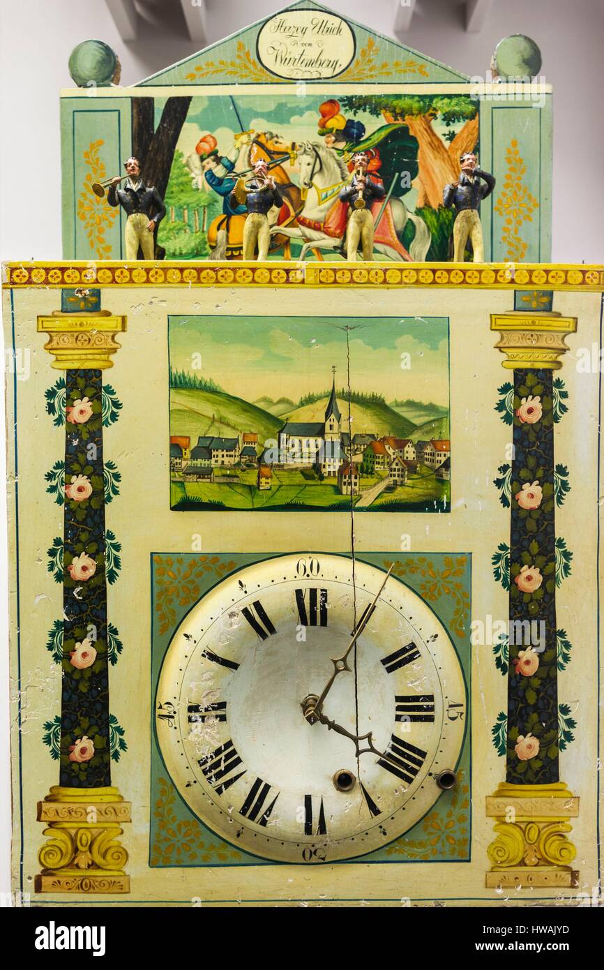 Germany, Baden-Wurttemburg, Black Forest, Furtwangen, detail of 19th century clock face Stock Photo