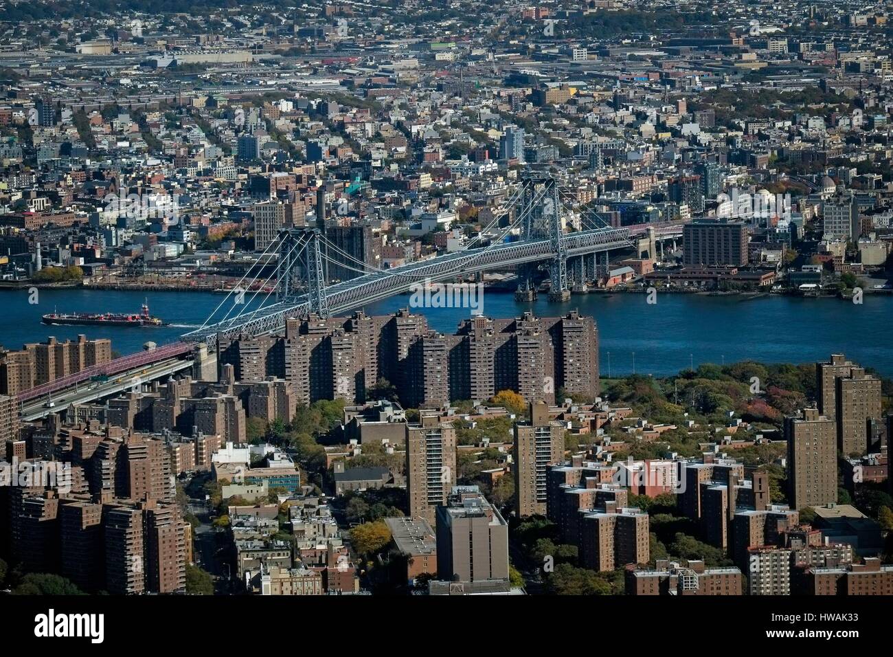 United States, New York, Manhattan, view of New York from the One World Trade Center or 1 WTC 1 or WTC, Williamsburg Bridge Stock Photo