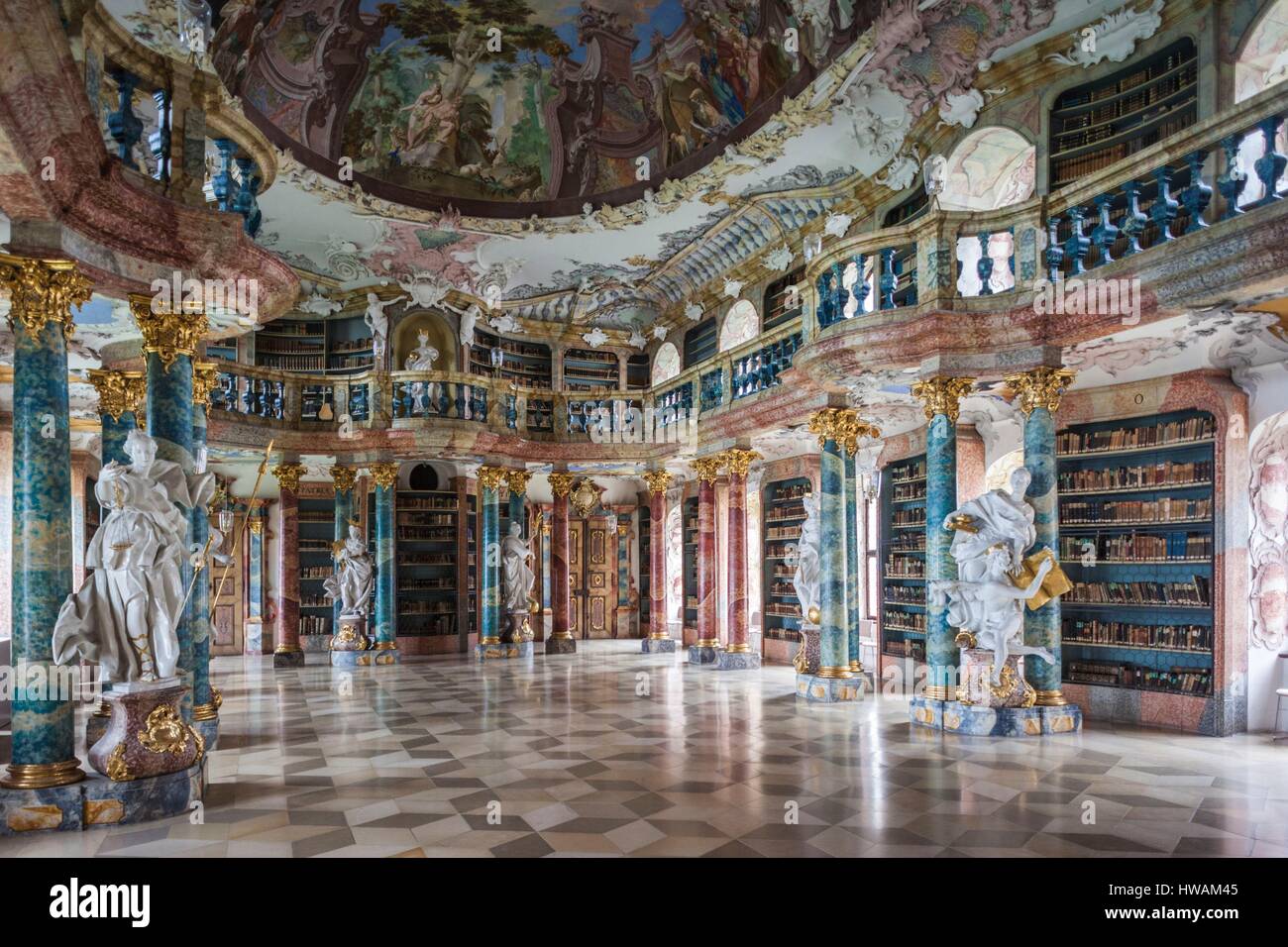 Germany, Baden-Wurttemburg, Wiblingen, Kloster Wiblingen Abbey, 18th century monastery, rococo-style library built in 1760 Stock Photo