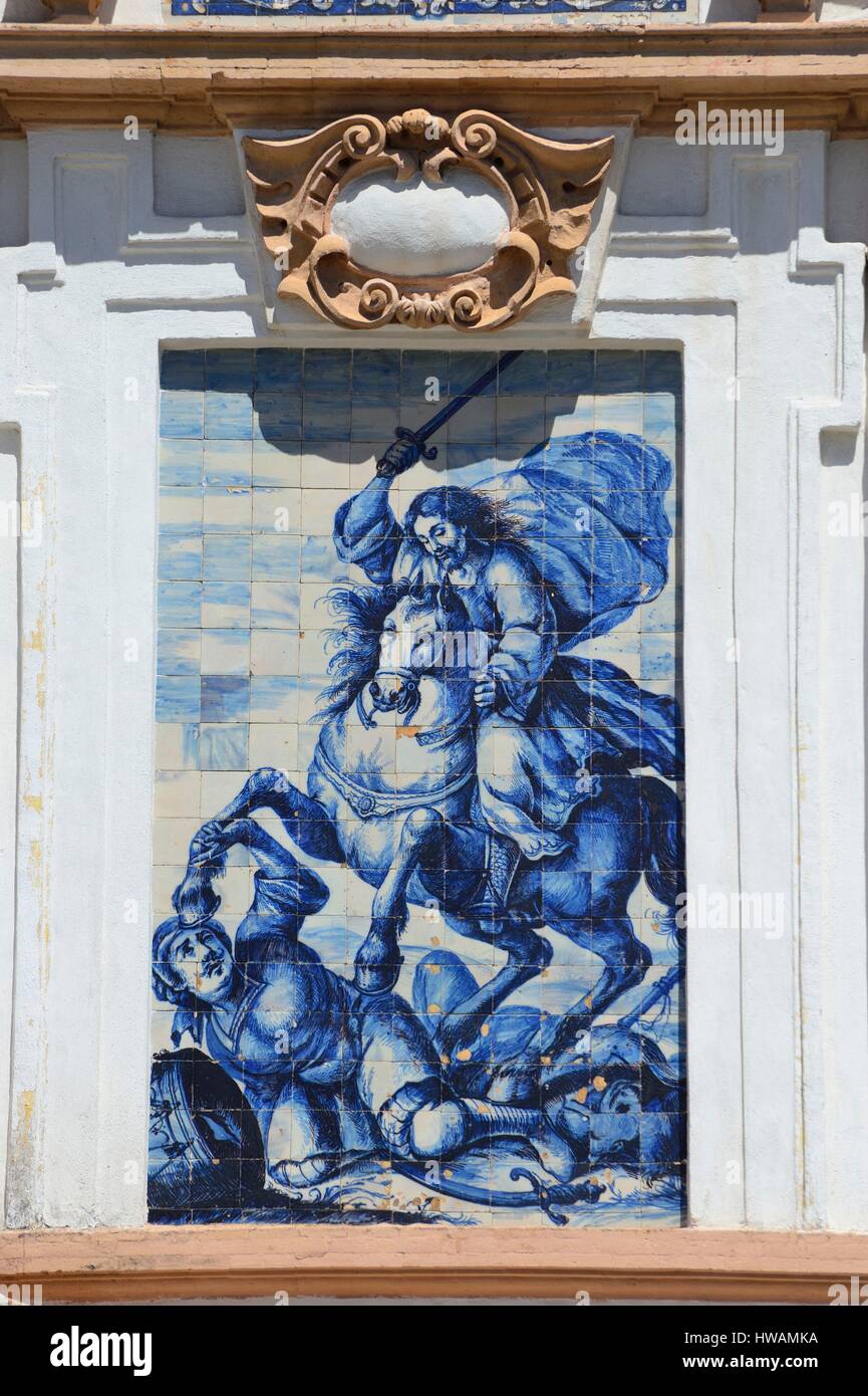 Spain, Andalusia, Sevilla, church of the Hospital de la Caridad (Charity Hospital), facade with azulejos, Santiago Matamoros Stock Photo