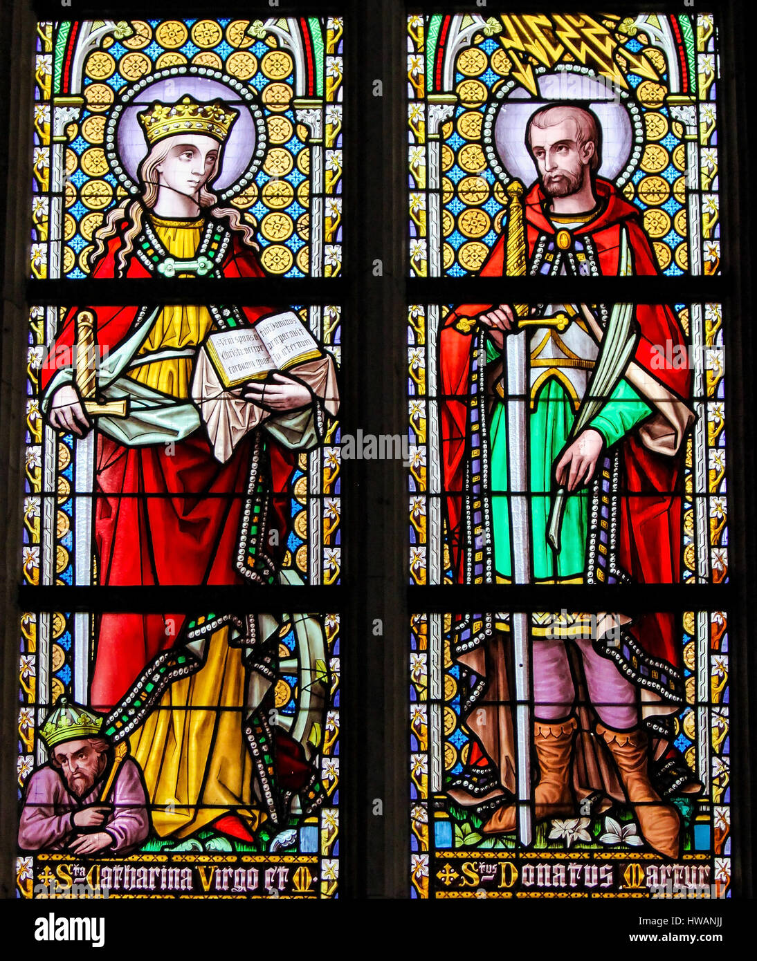 Stained Glass in the Church of Our Lady of the Sablon in Brussels, depicting Saint Catherine and Saint Donatus, patron lightning strik Stock Photo - Alamy