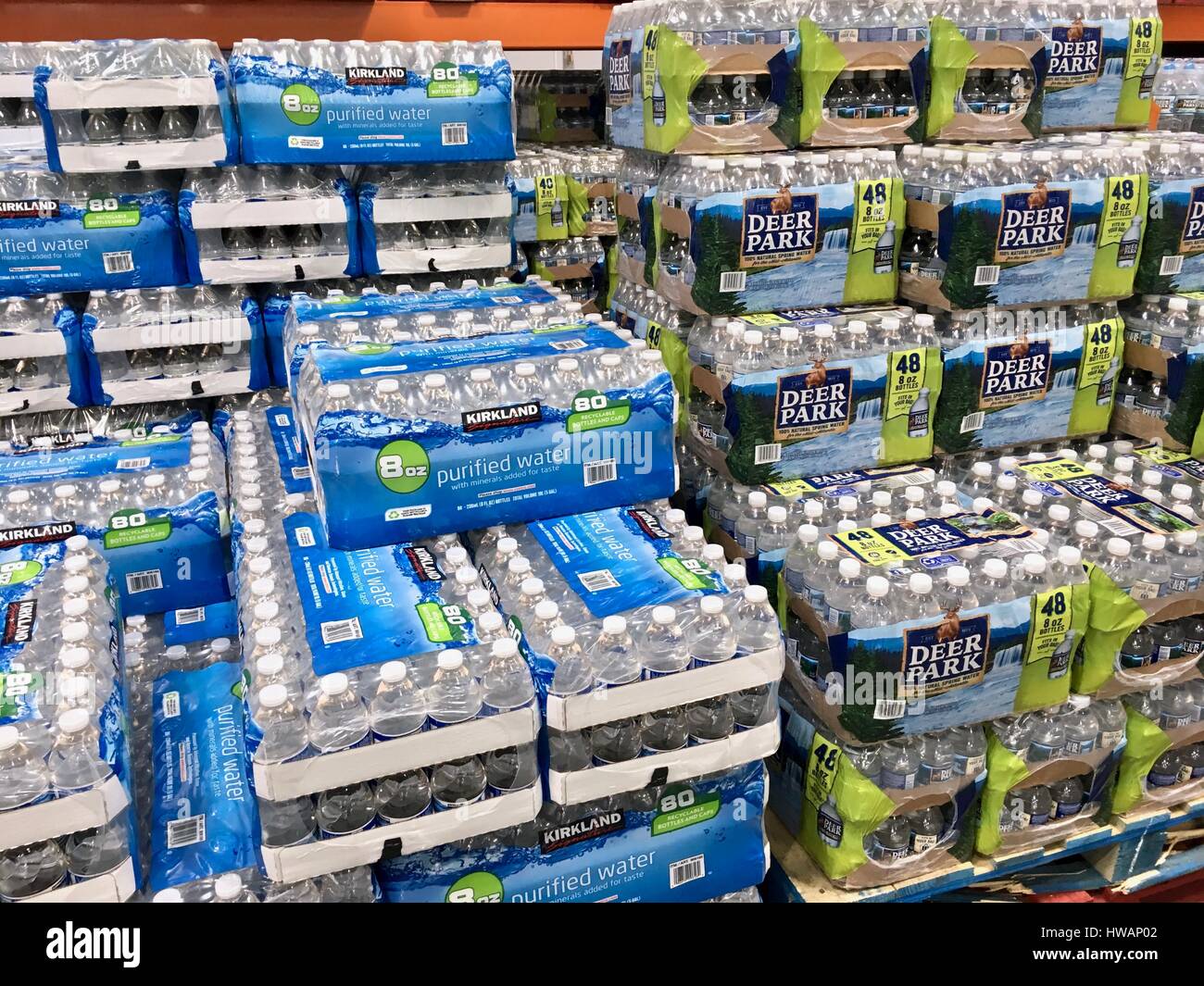 Cases of water bottles at Costco Stock Photo