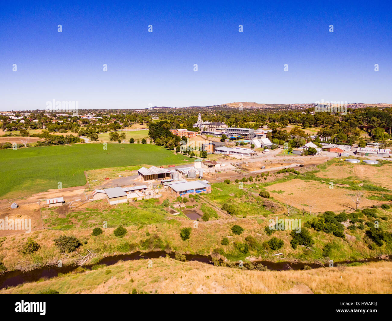 Salesian College High School and Rupertswood Mansion in Sunbury Victoria Australia. Image taken from an Unmanned Aerial Vehicle (UAV), or drone. Stock Photo