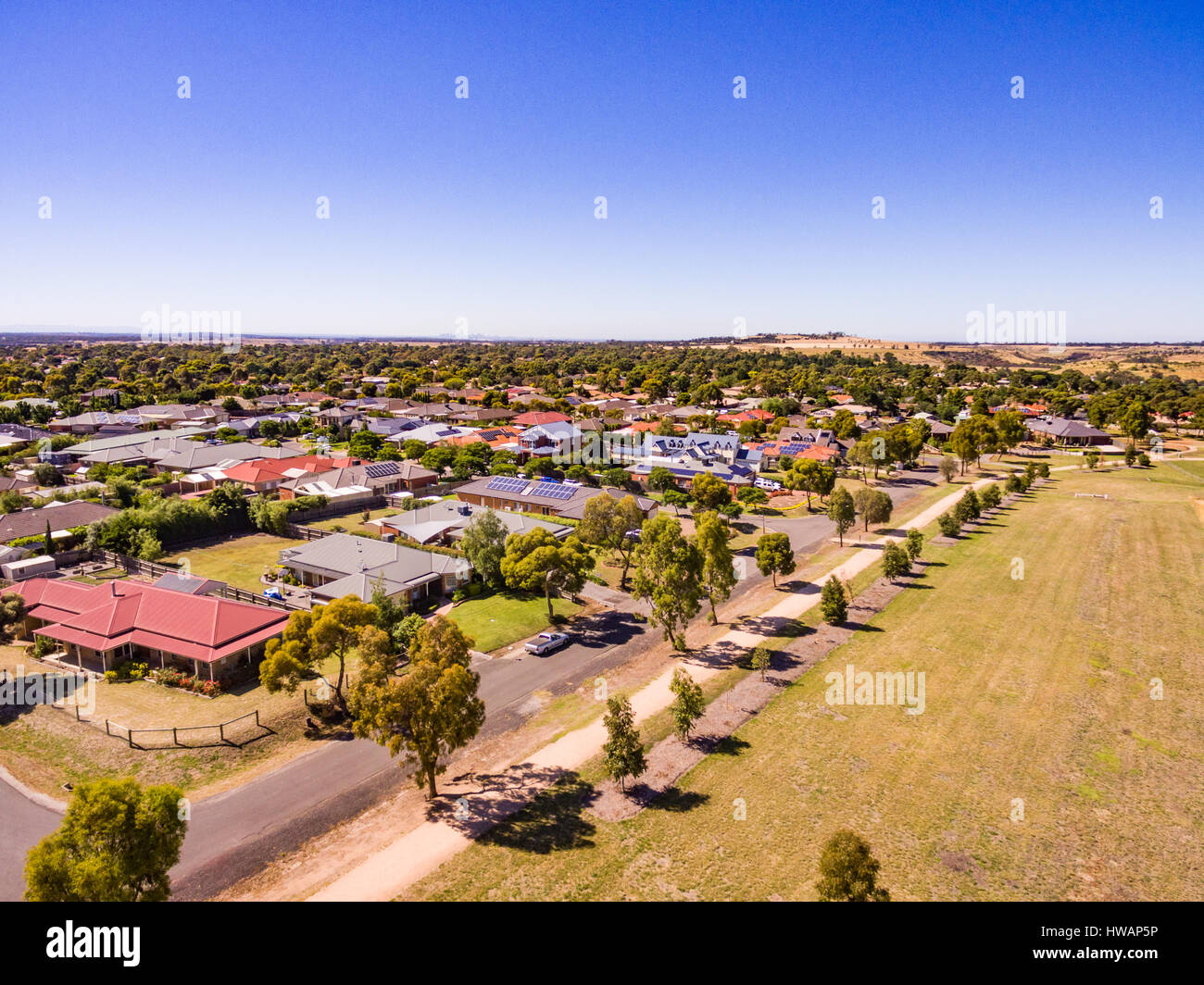 View looking down on residential surburb taken from an Unmanned Aerial Vehicle (UAV), or drone. Stock Photo