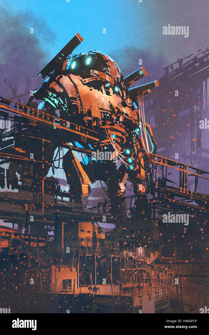 restoring the old giant robot in abandoned factory,illustration painting  Stock Photo - Alamy