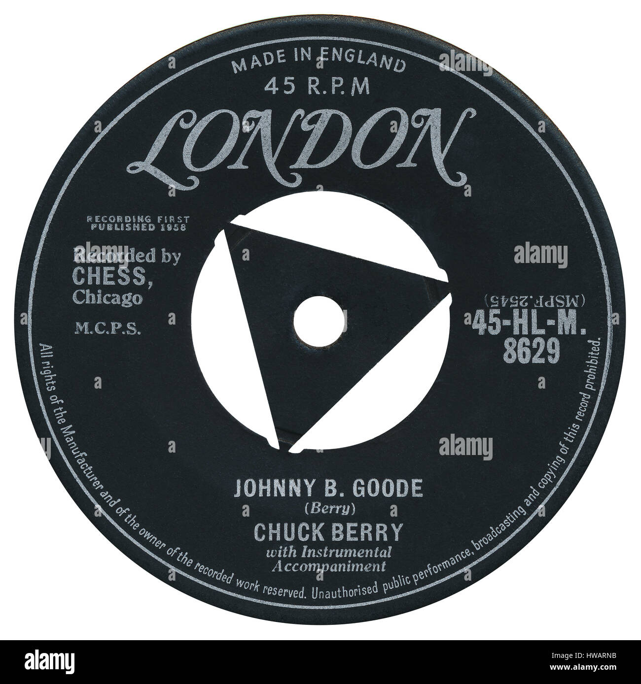 45 RPM 7' UK record label of Johnny B. Goode by Chuck Berry on the London label from May 1958. Stock Photo