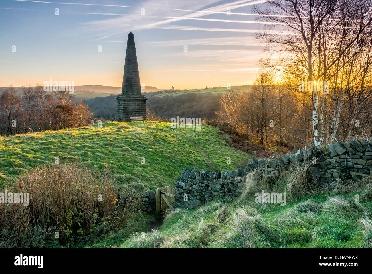 war memorial on the hills above the west yorkshire tourist town of hebden bridge in the south pennines Stock Photo