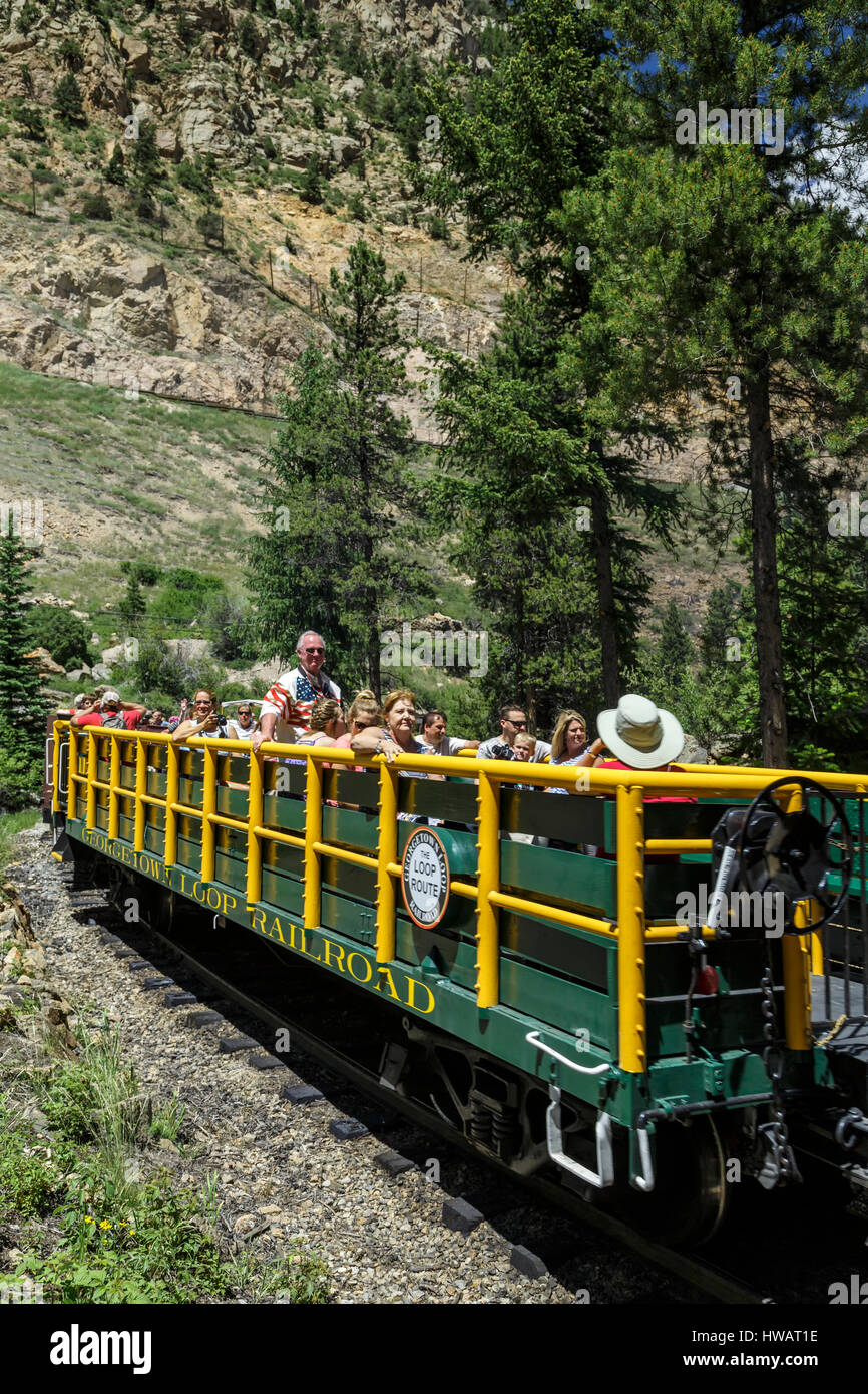Open air passenger cars, historic Georgetown Loop Railroad, Georgetown, Colorado USA Stock Photo