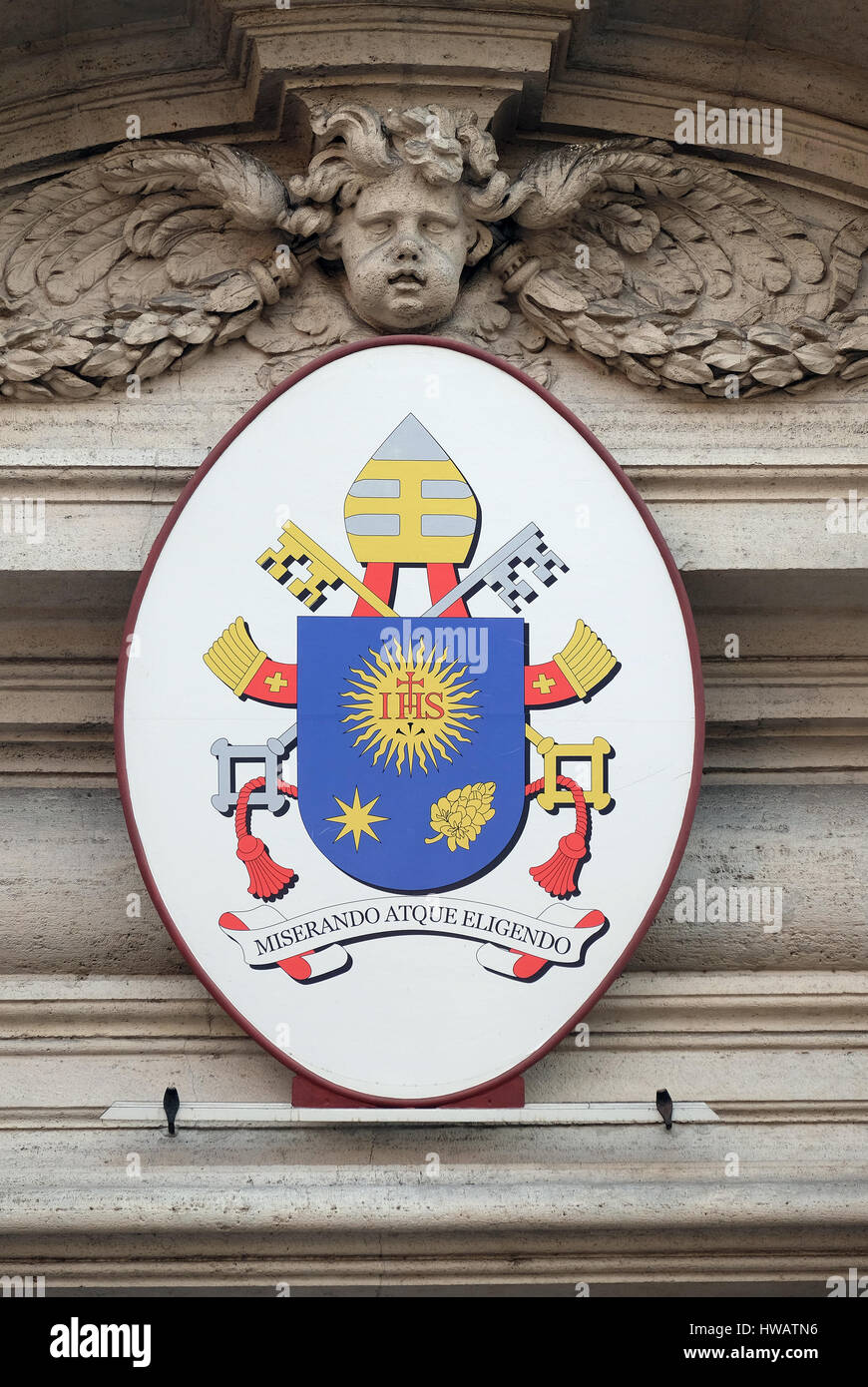 Coat of arms of Pope Francis on the portal of Sant Andrea della Valle Church in Rome, Italy on