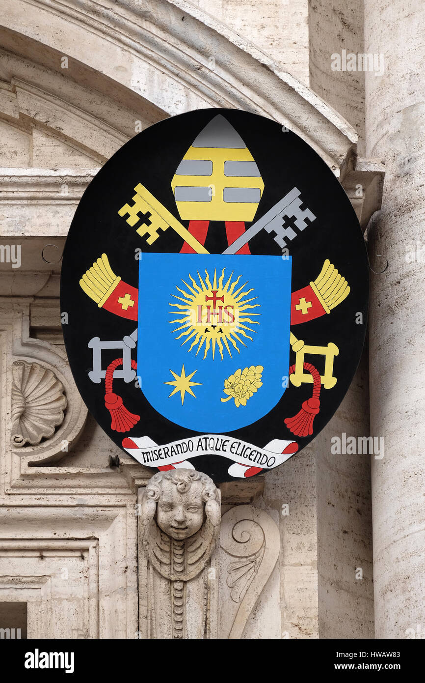Coat of arms of Pope Francis, facade of the Church of the Gesu, mother church of the Society of