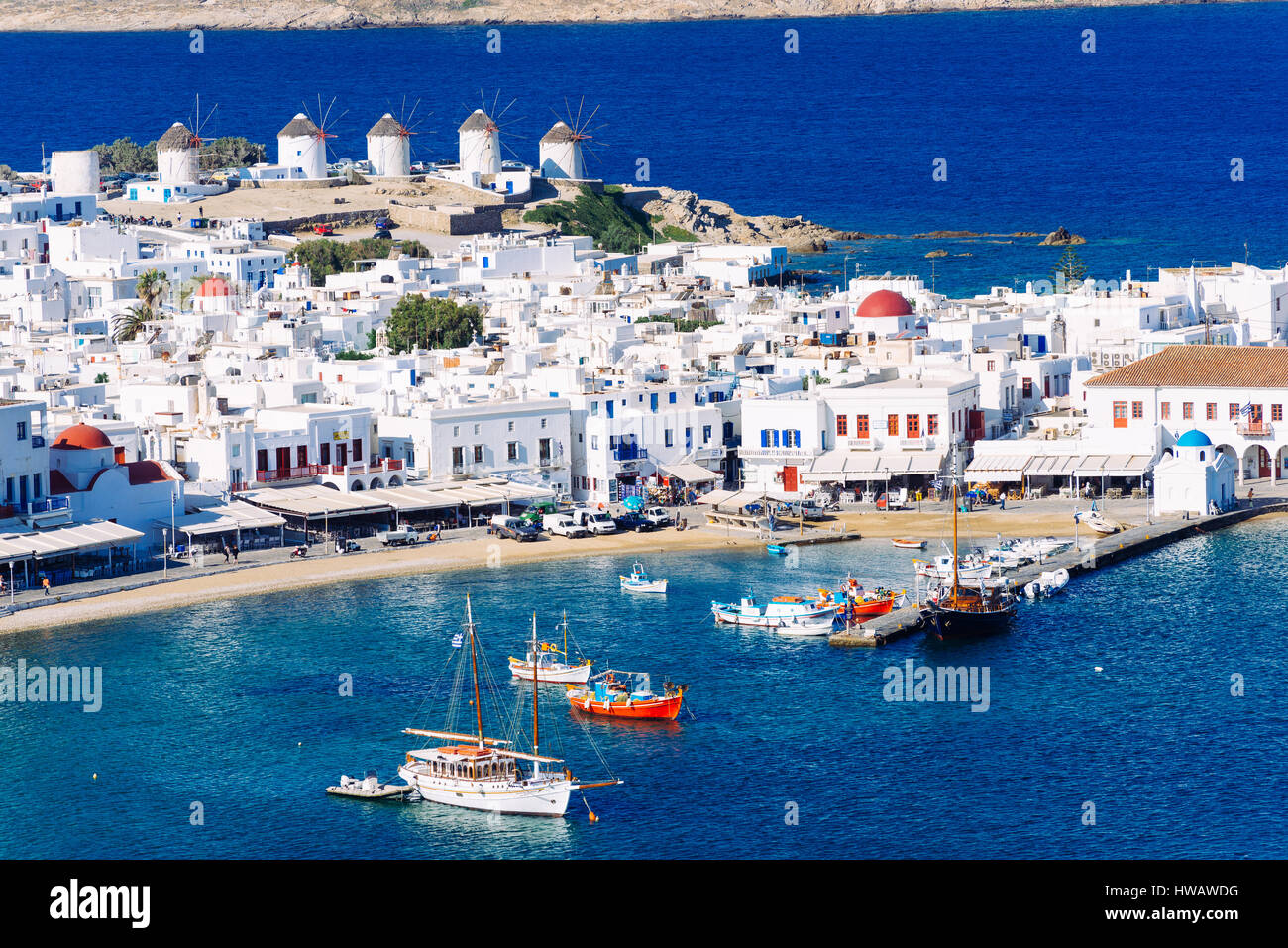 Panorama of Mykonos town harbor at summer morning Stock Photo