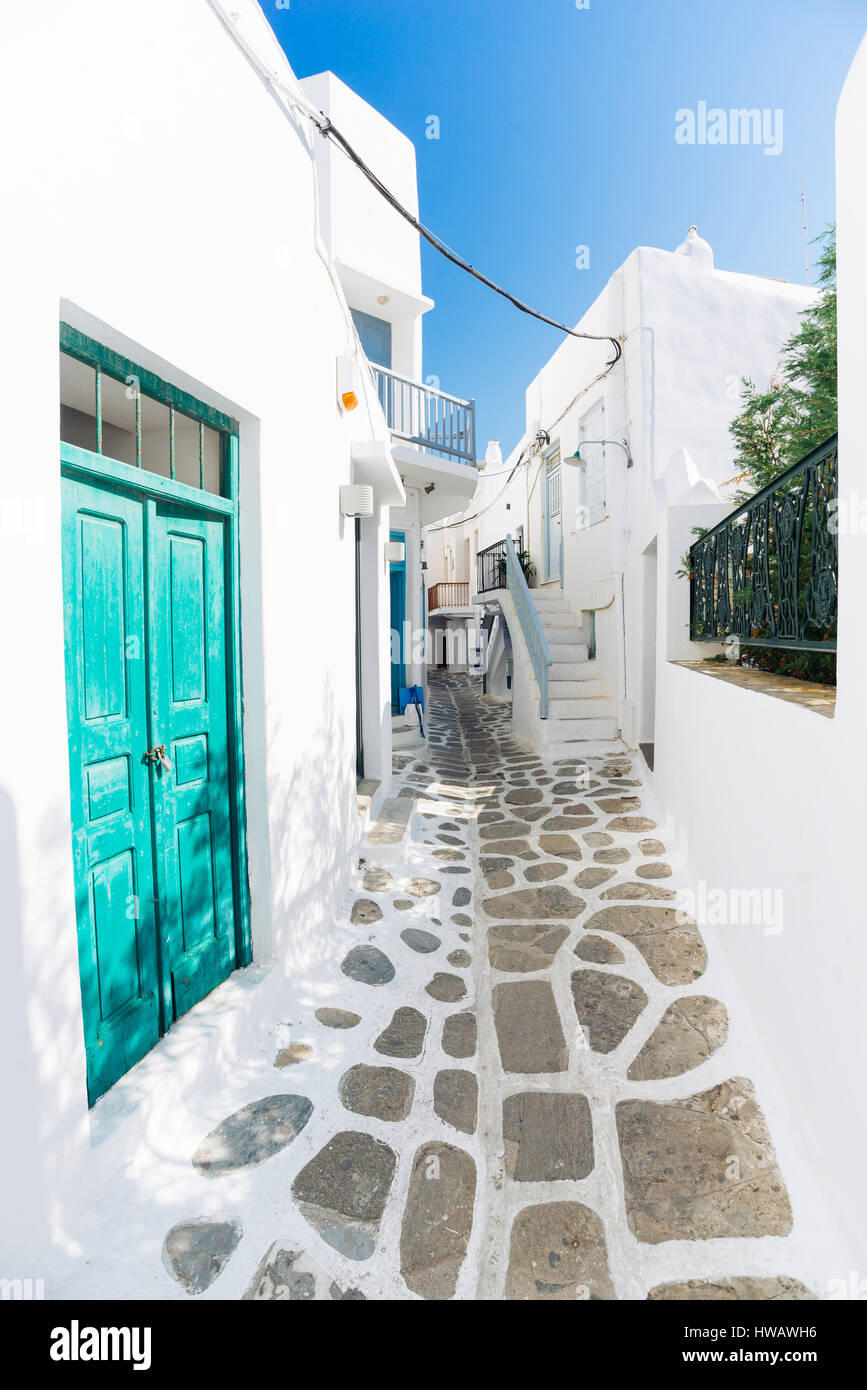 Authentic whitewashed cycladic street in Mykonos island, Cyclades ...