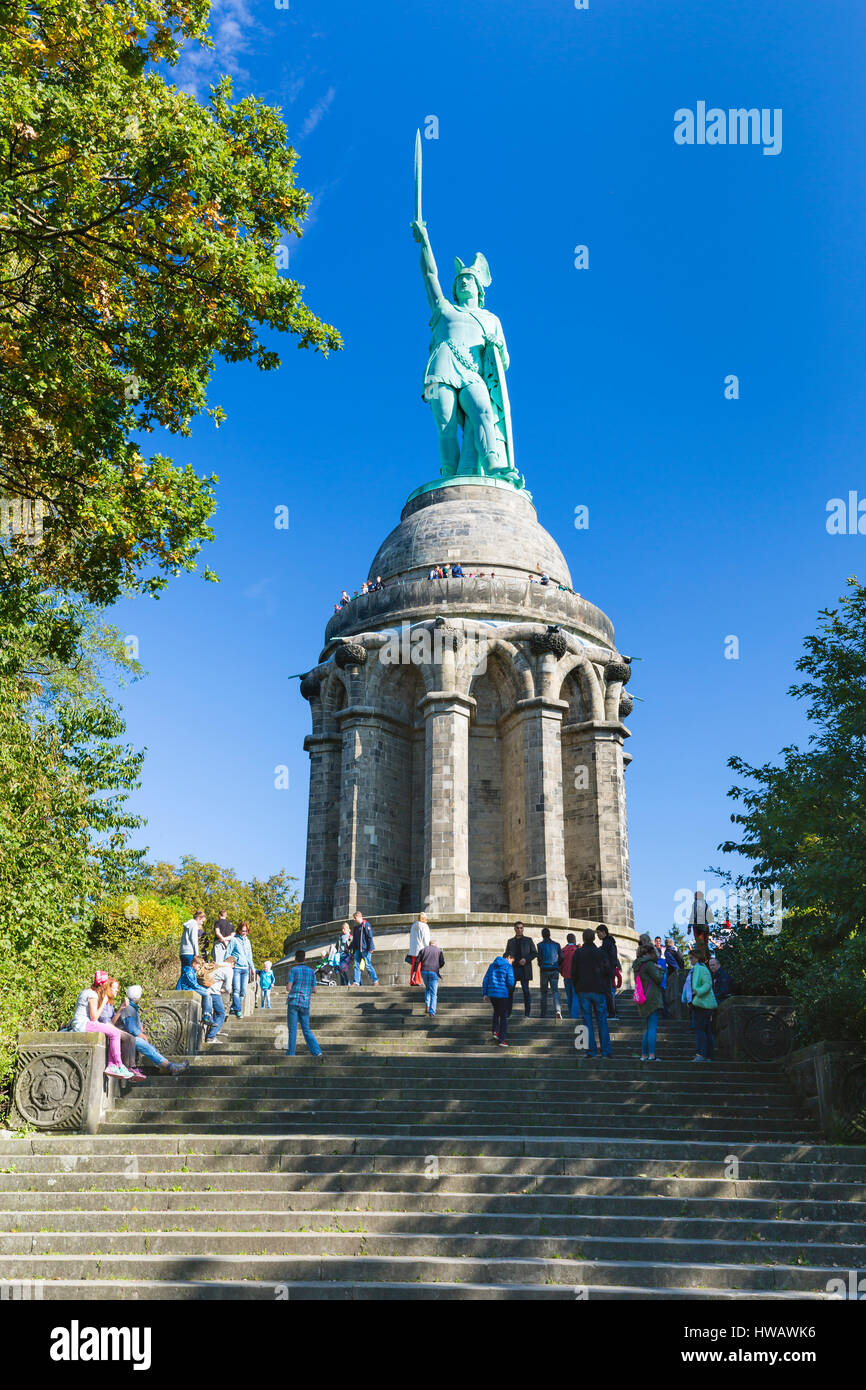 DETMOLD - OCTOBER 03: Front view of the famous Hermannsdenkmal  in the Teutoburger Wald near Detmold, Germany with tourists on October 3, 2015 Stock Photo