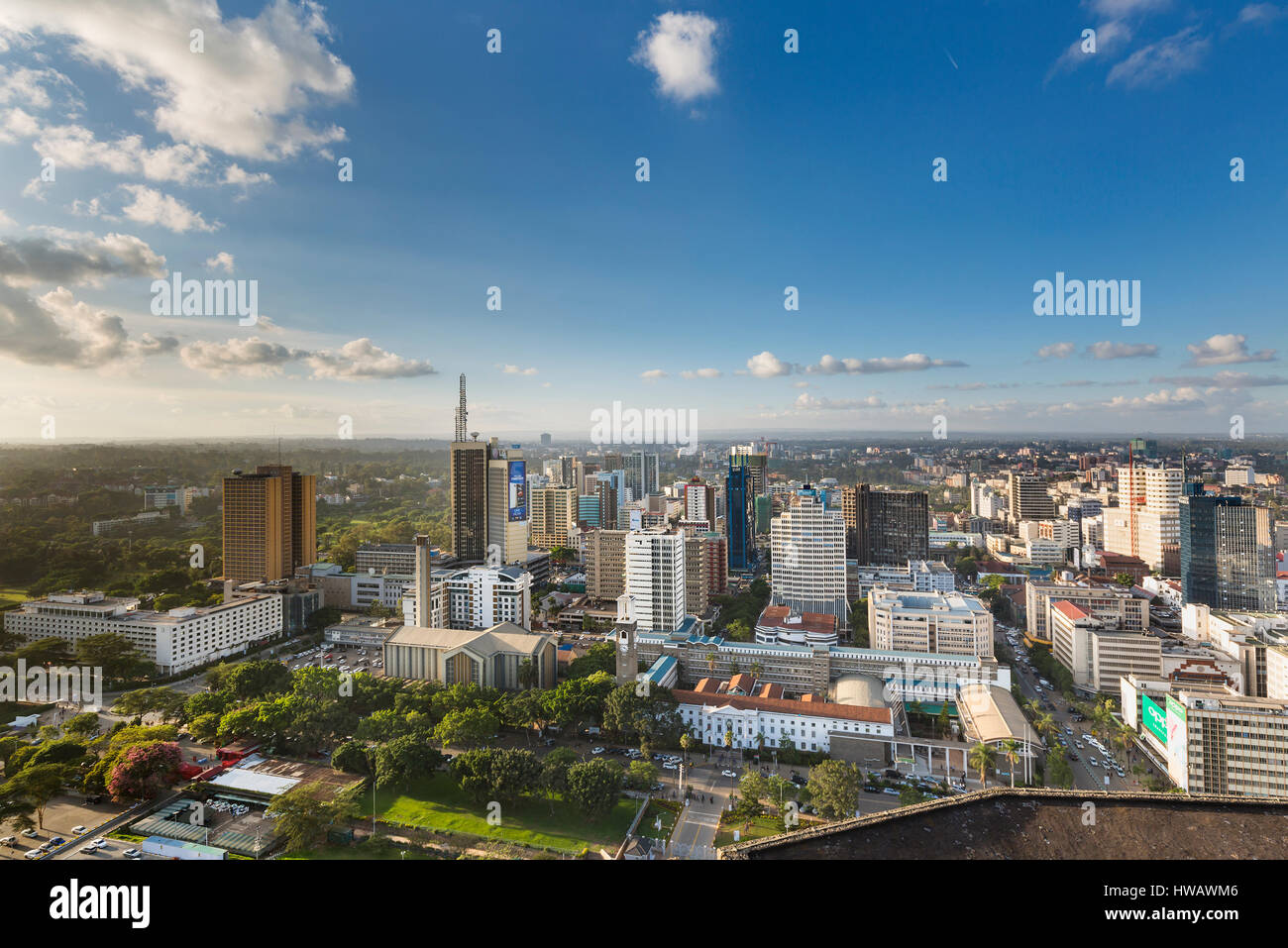 Nairobi, Kenya - December 23: Teleposta Towers and other highrises and streets in the business district of Nairobi, Kenya on December 23, 2015 Stock Photo
