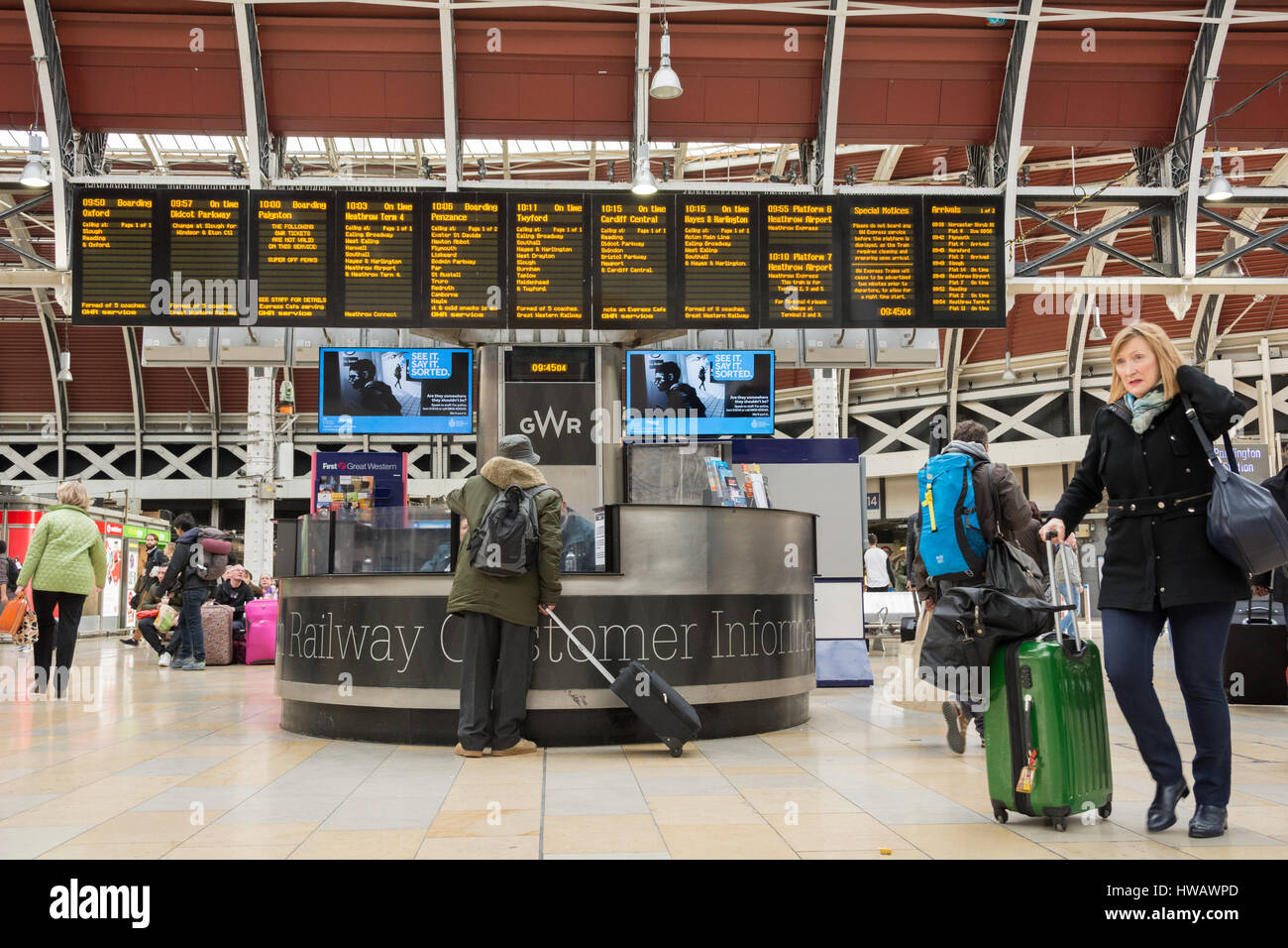 Customer Information at Paddington Station in London, England, UK Stock