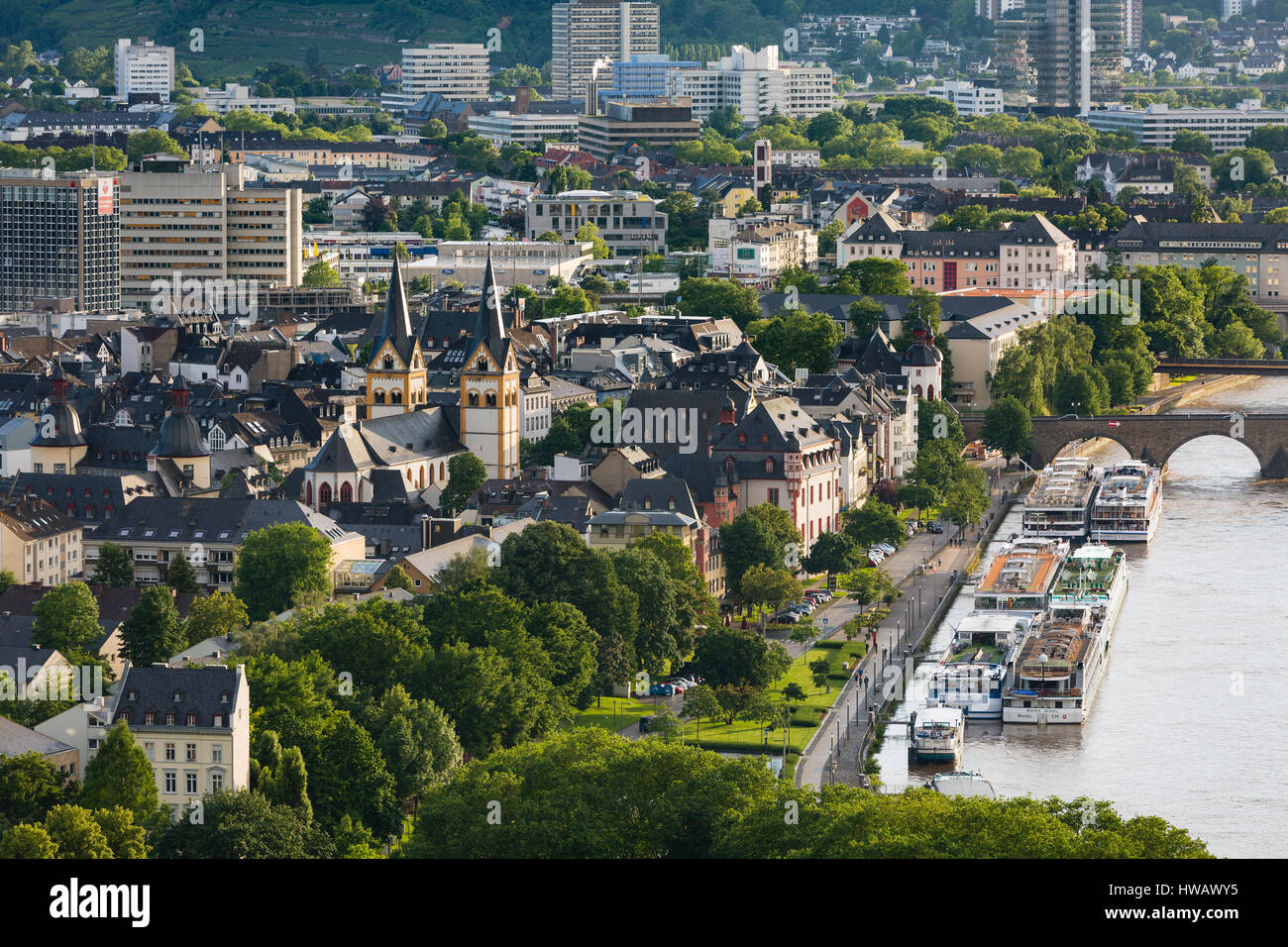 KOBLENZ - JUNE 15: View from Ehrenbreitstein Fortress down to the oldtown of Koblenz, Germany along the Moselle valley on June 15, 2016. Stock Photo