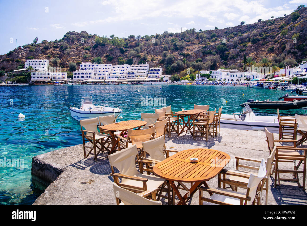 Famous holiday resort on the Lybian Sea, Loutro in Southern Crete, Greece Stock Photo