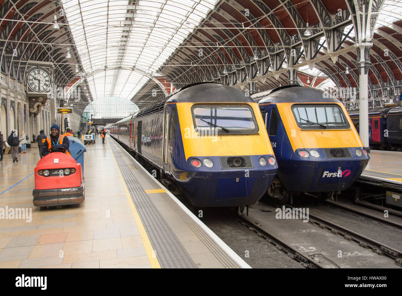 Great Western Railway HST trains waiting to depart at Paddington Station, London, UK Stock Photo