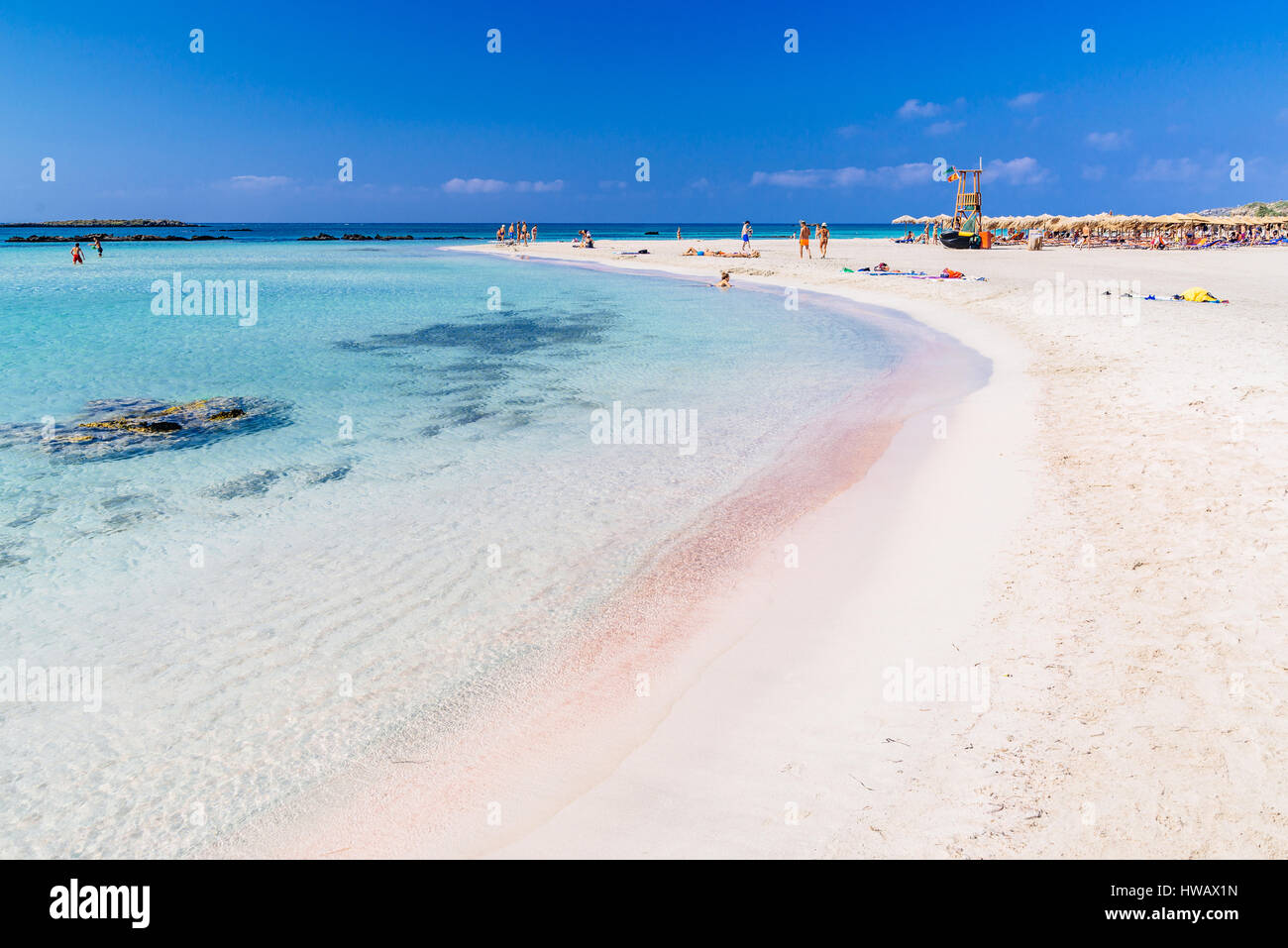 Famous pink coral Elafonissi beach on western Crete, Mediterranean sea, Greece Stock Photo