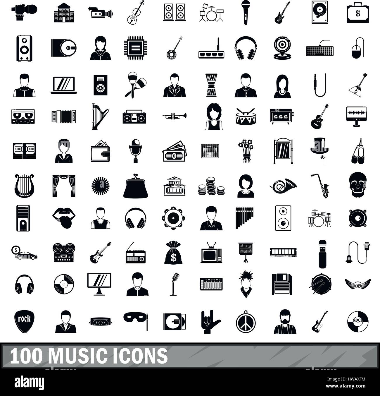 100 music icons set, simple style  Stock Vector