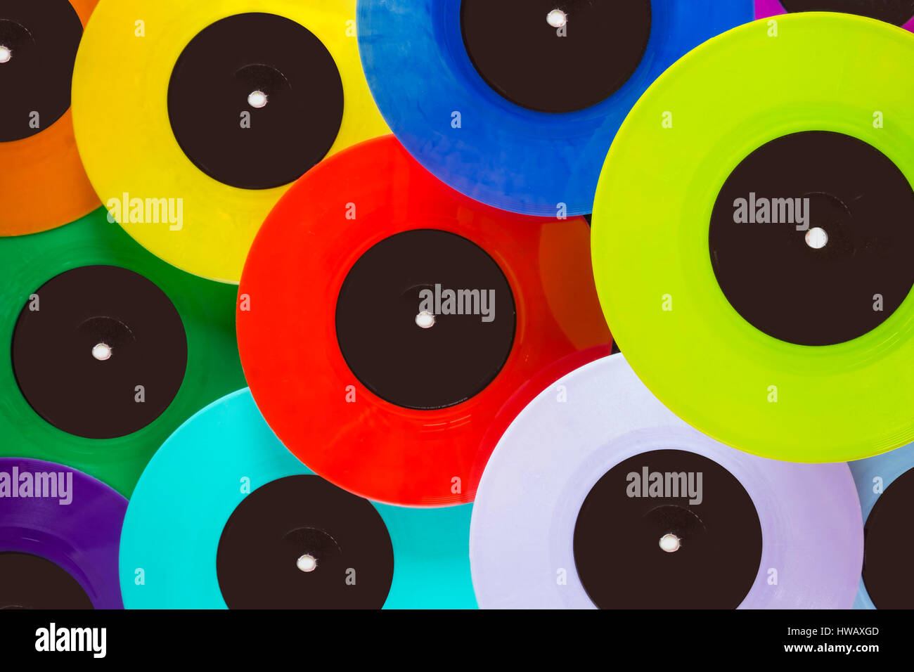 colorful vinyl records seen from above Stock Photo