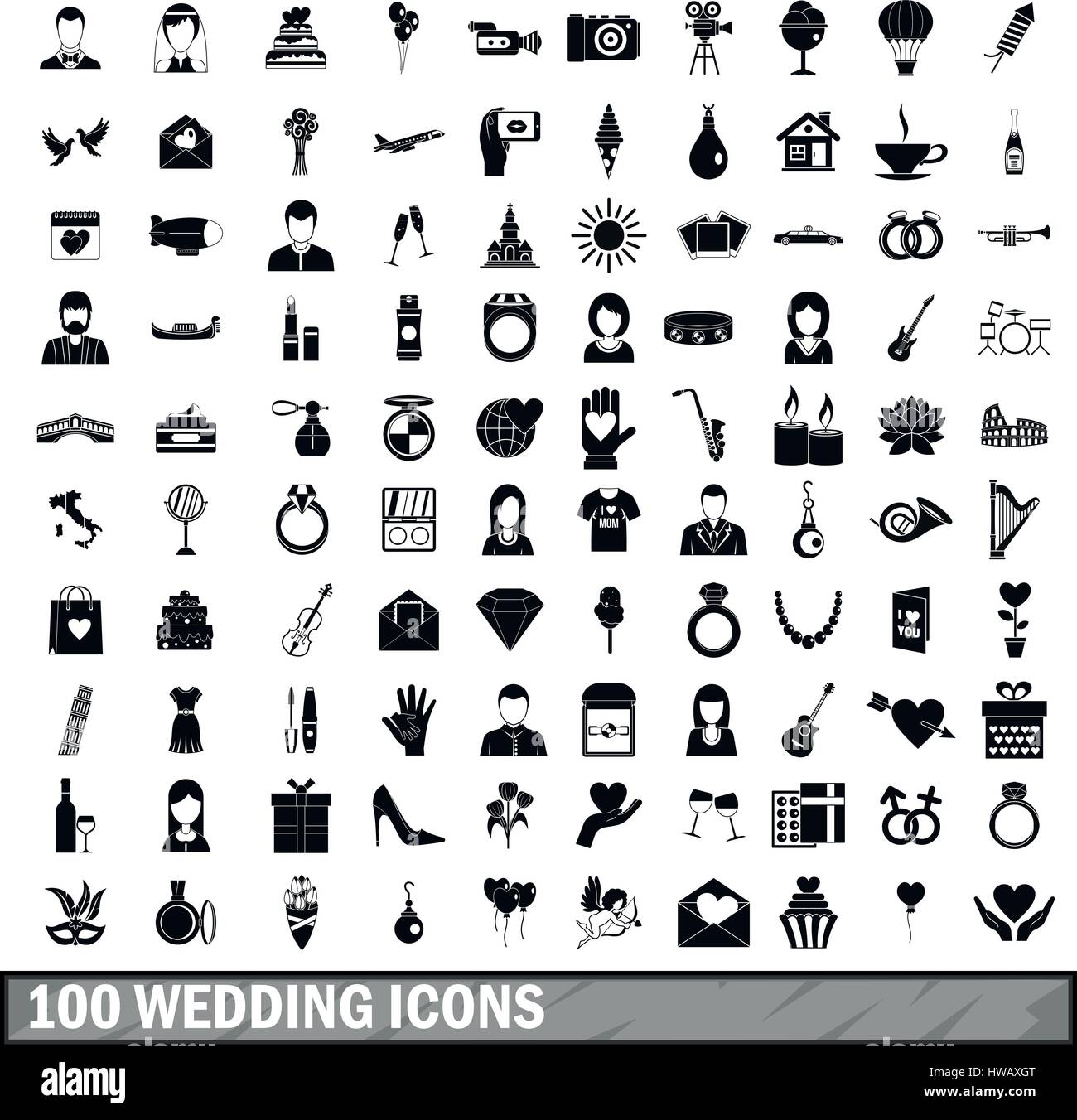 100 wedding icons set, simple style  Stock Vector