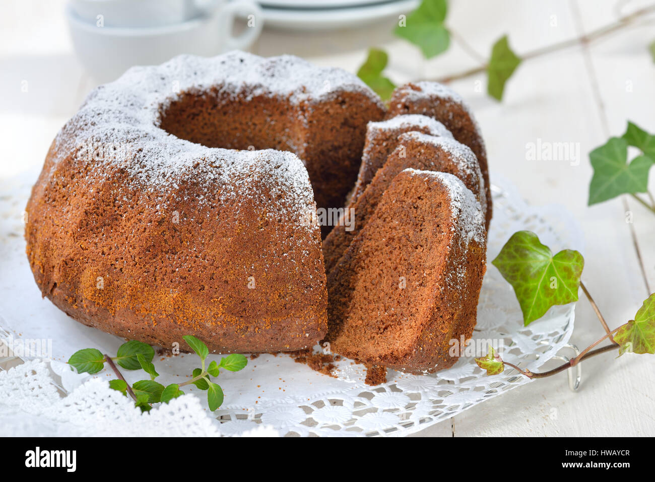 Freshly baked ringshaped cake with chocolate, so called 'Gugelhupf' in