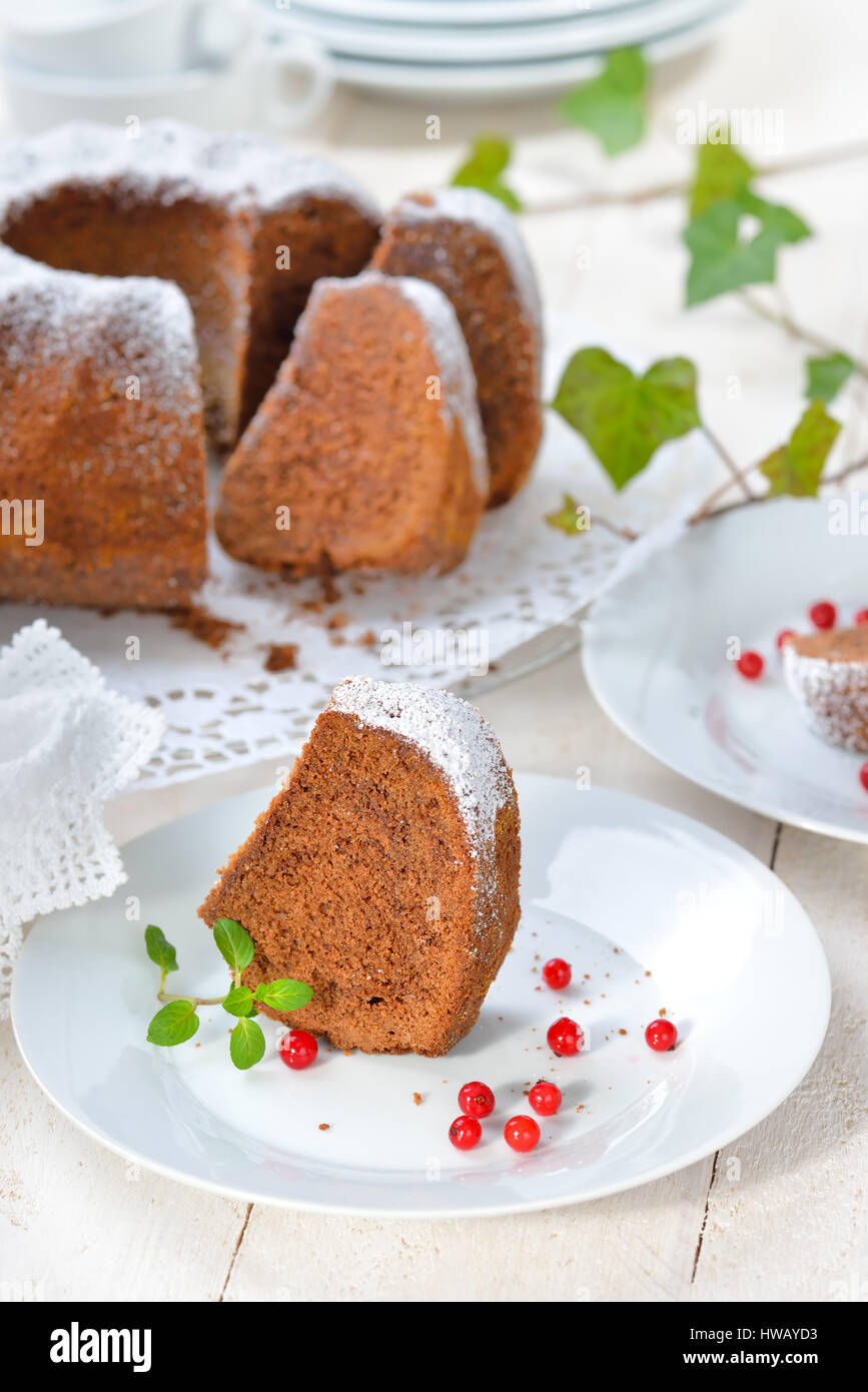 Freshly baked ringshaped cake with chocolate, so called 'Gugelhupf' in