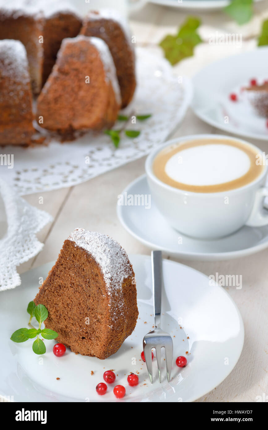 Freshly baked ringshaped cake with chocolate, so called 'Gugelhupf' in