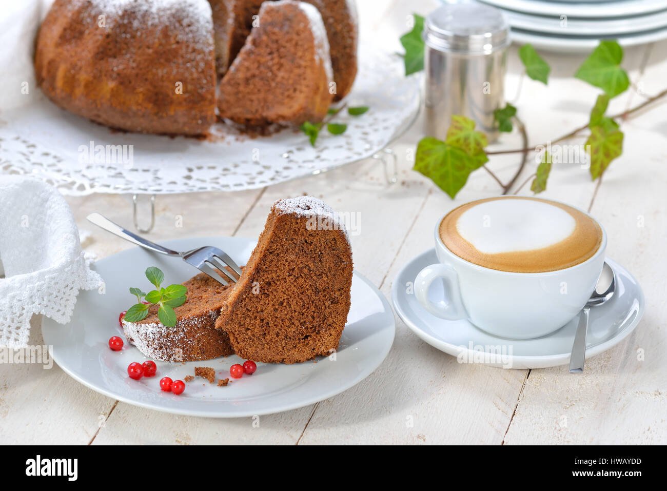 Freshly baked ringshaped cake with chocolate, so called 'Gugelhupf' in