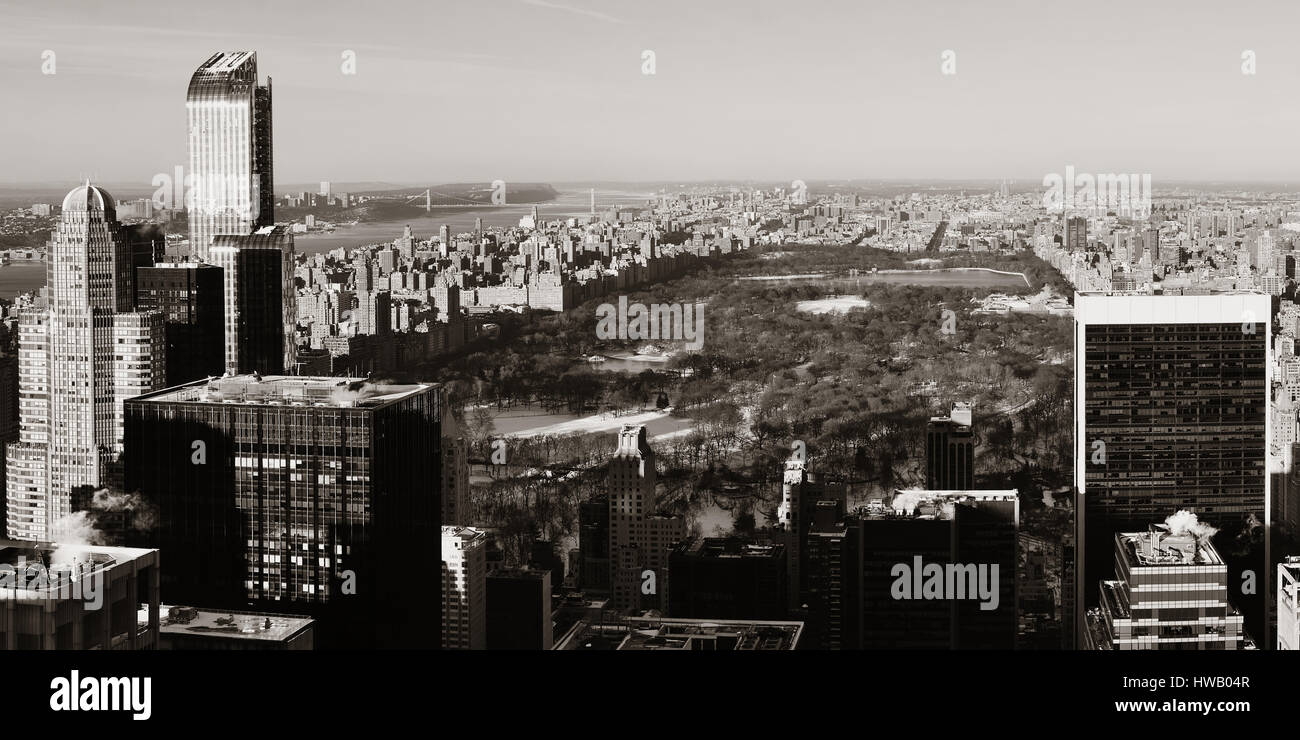 Central Park winter rooftop panorama view with skyscrapers in midtown Manhattan New York City