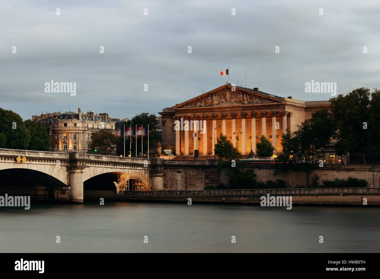 Paris River Seine panorama with Pont de la Concorde and Assemblee Nationale Stock Photo