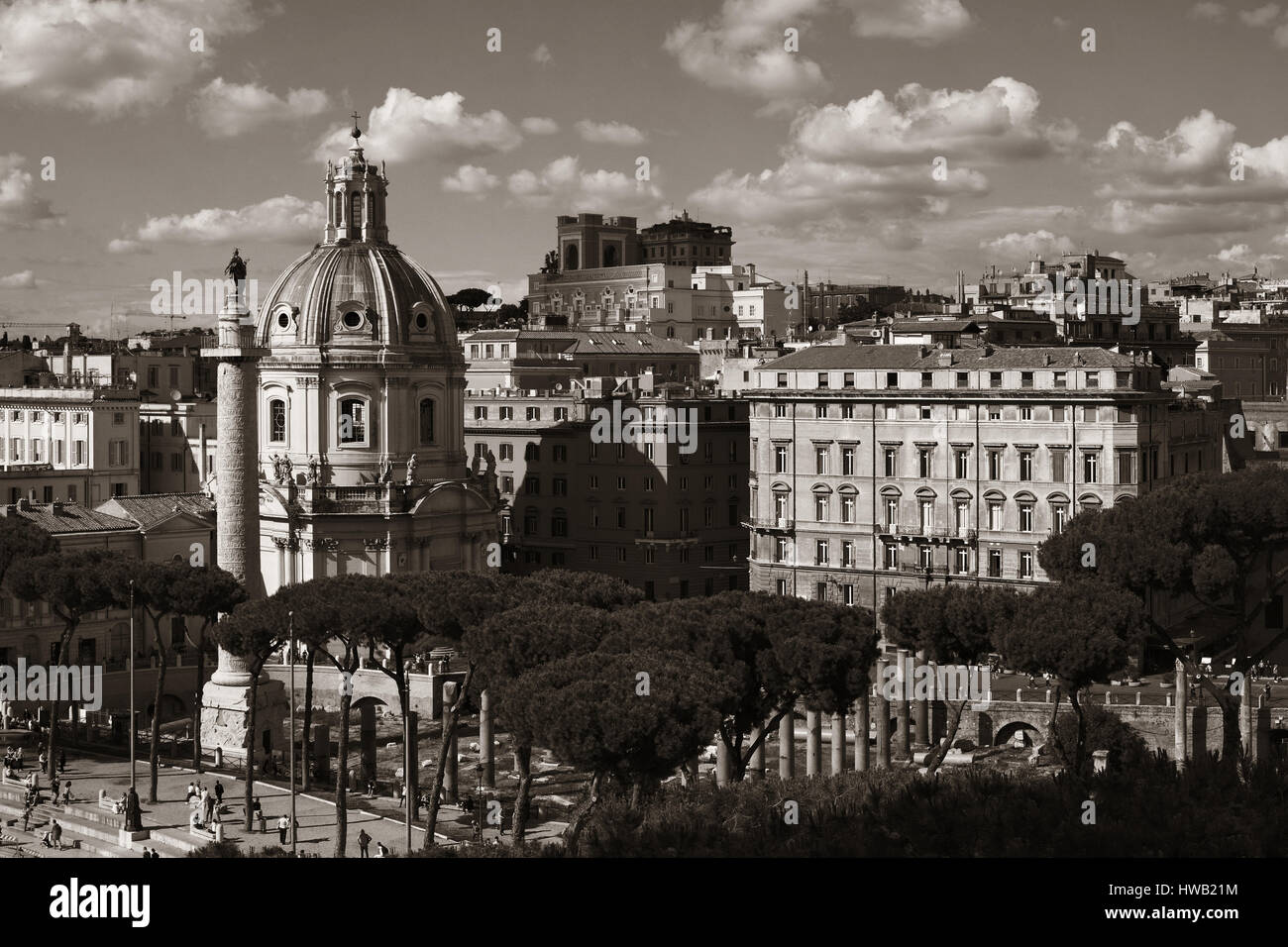 Rome rooftop view with ancient architecture in Italy in monochrome ...