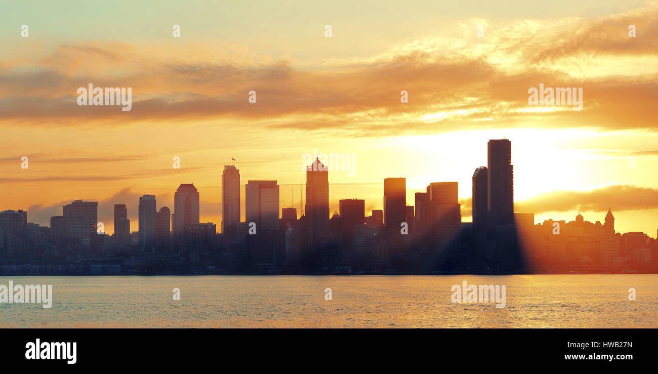 Seattle sunrise skyline silhouette view with urban office buildings. Stock Photo